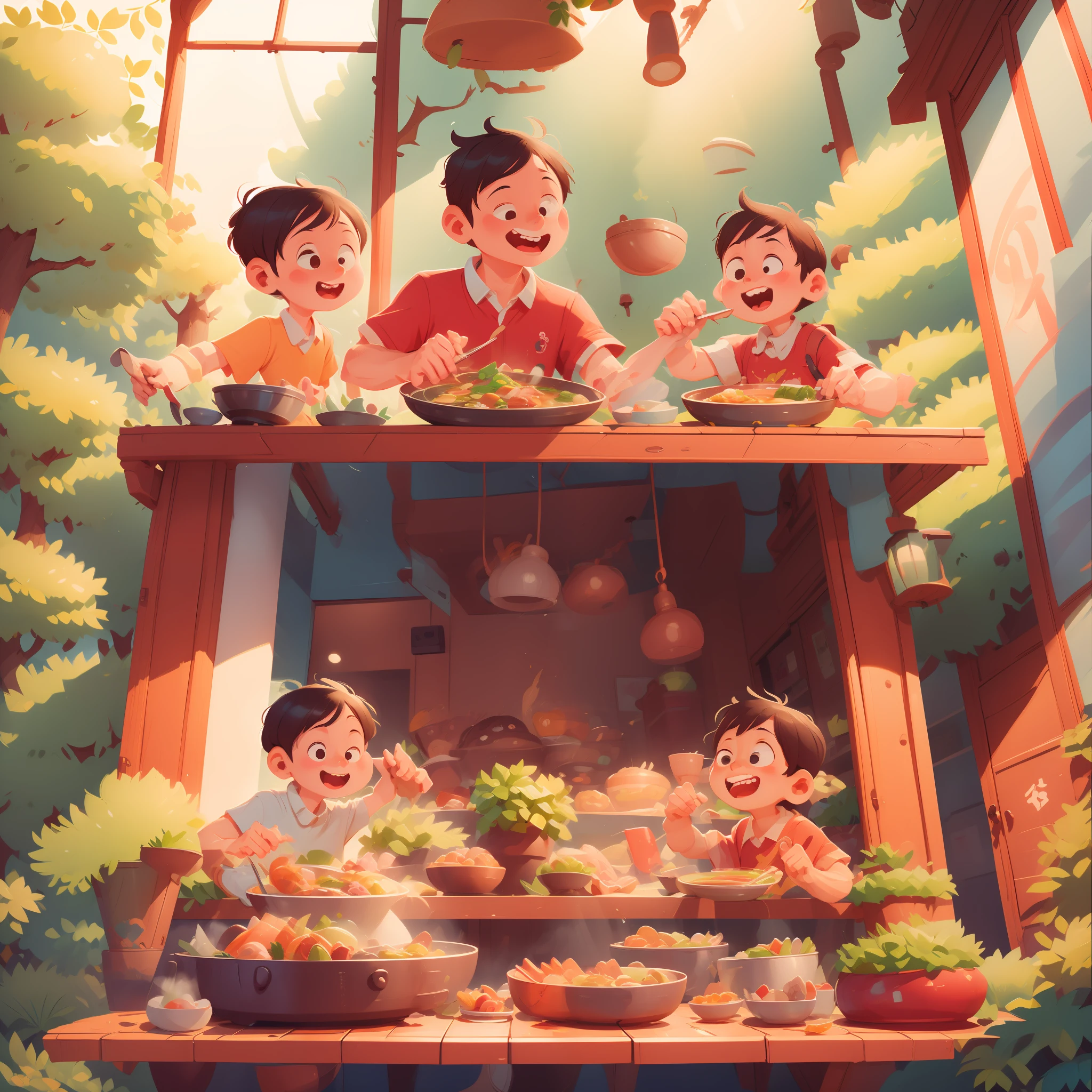 Eating together for two people at table, eating hot pot together, chicken soup hot pot, happy cartoon, hd illustration, exciting illustration, flat illustration, eating chicken, cartoon illustration, kids book illustration, dinner, cooking, detailed 2d illustration, commercial illustration, kids book illustration, full color illustration, 2d illustration