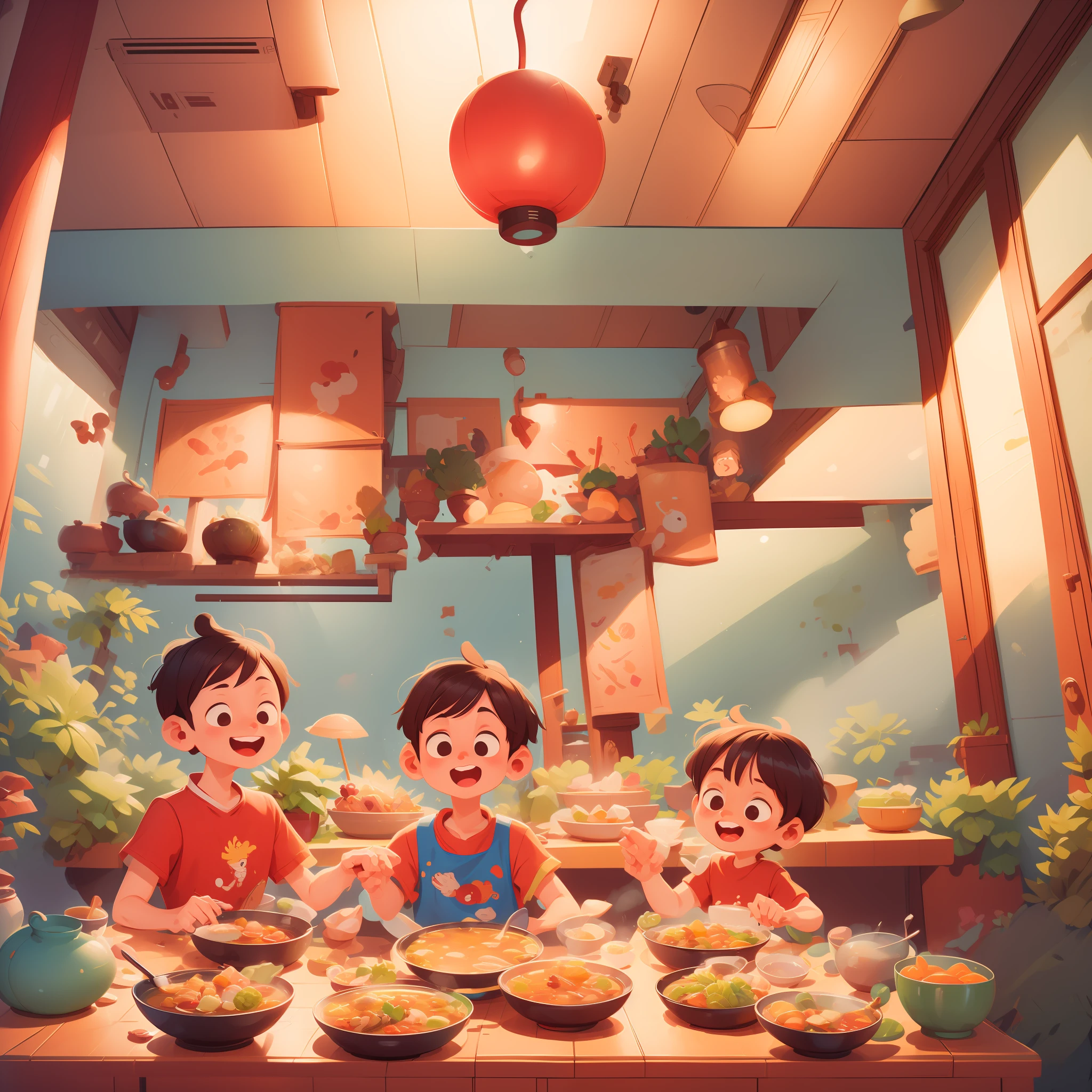 Eating together for two people at table, eating hot pot together, chicken soup hot pot, happy cartoon, hd illustration, exciting illustration, flat illustration, eating chicken, cartoon illustration, kids book illustration, dinner, cooking, detailed 2d illustration, commercial illustration, kids book illustration, full color illustration, 2d illustration