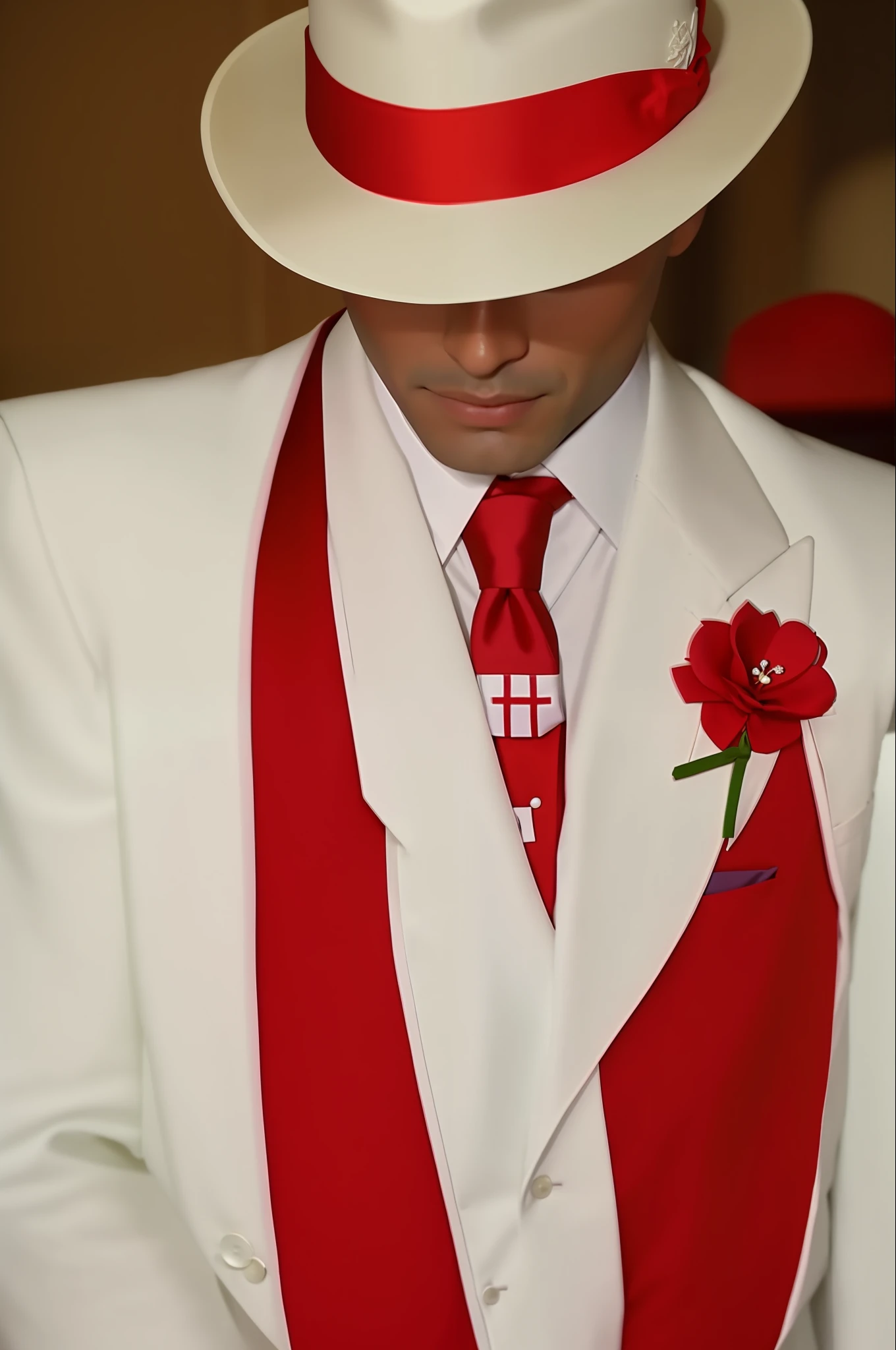 araffe dressed in a white suit and red tie and hat, white suit and hat, red suit, white red, wearing white suit, white and red color scheme, red and white, wearing red formal attire, white suit, wearing red attire, red and white color scheme, wearing a white tuxedo, red tie, red and white colors, eddie del rio