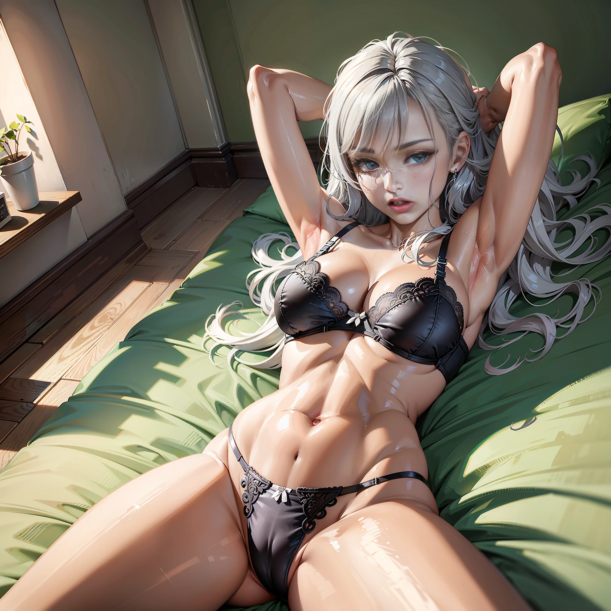 Masterpiece, Top Quality, High Resolution, Solo, Beautiful, Indoors, Out-of-Position Bra, Side Tie Thong, Lying Down, From Top, With Open Arms, Two Thighs Exaggerated, Lust, Bed, Disheveled Underwear, Heavy Breathing, Sexual Expression, Silver Hair