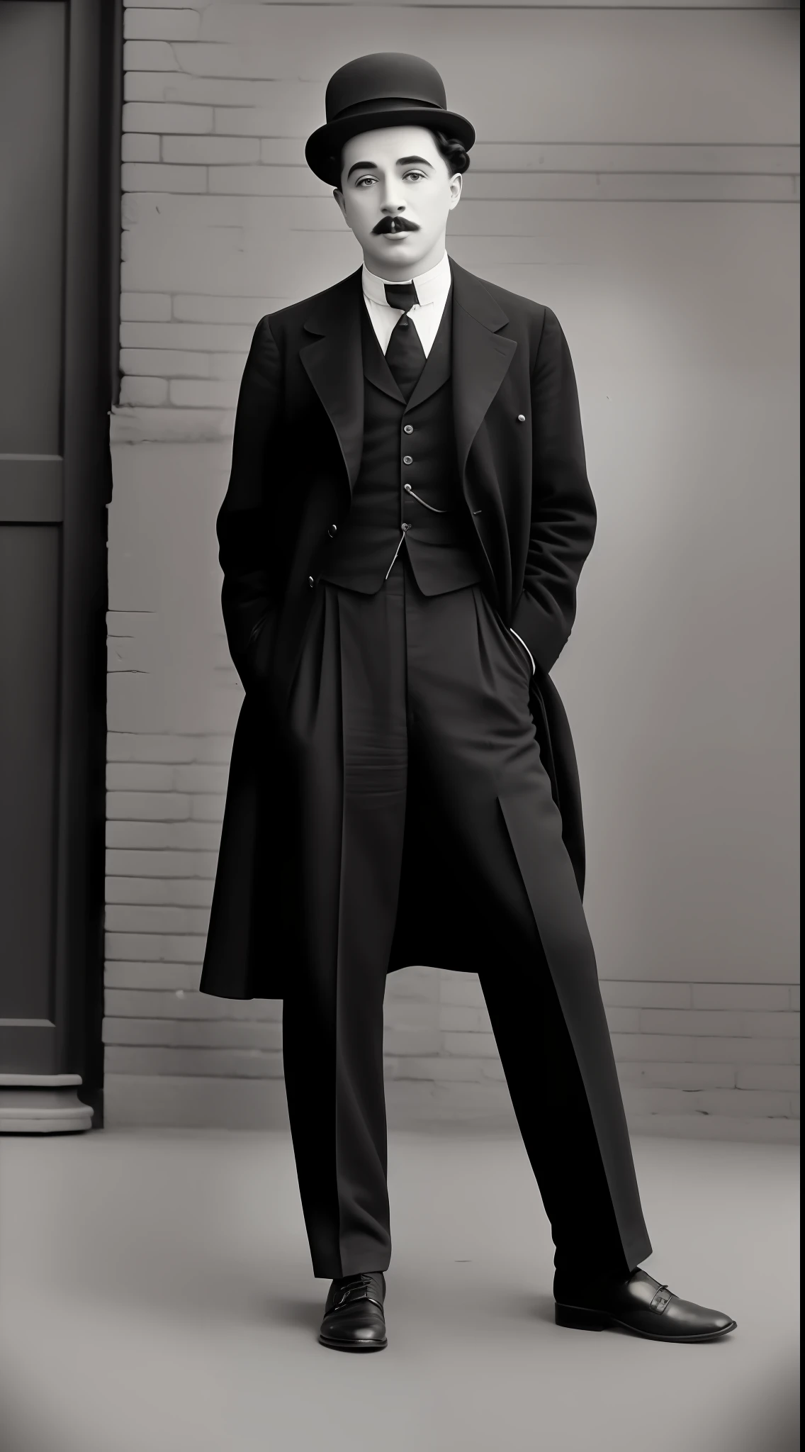 (masterpiece, 8K, UHD, vintage photograph, photo-realistic:1.3), iconic Charlie Chaplin, (black bowler hat:1.2), mustache, baggy pants, large shoes, (bamboo cane:1.1), stage setting, vintage brick wall, black and white, timeless comedy, silent movie era.