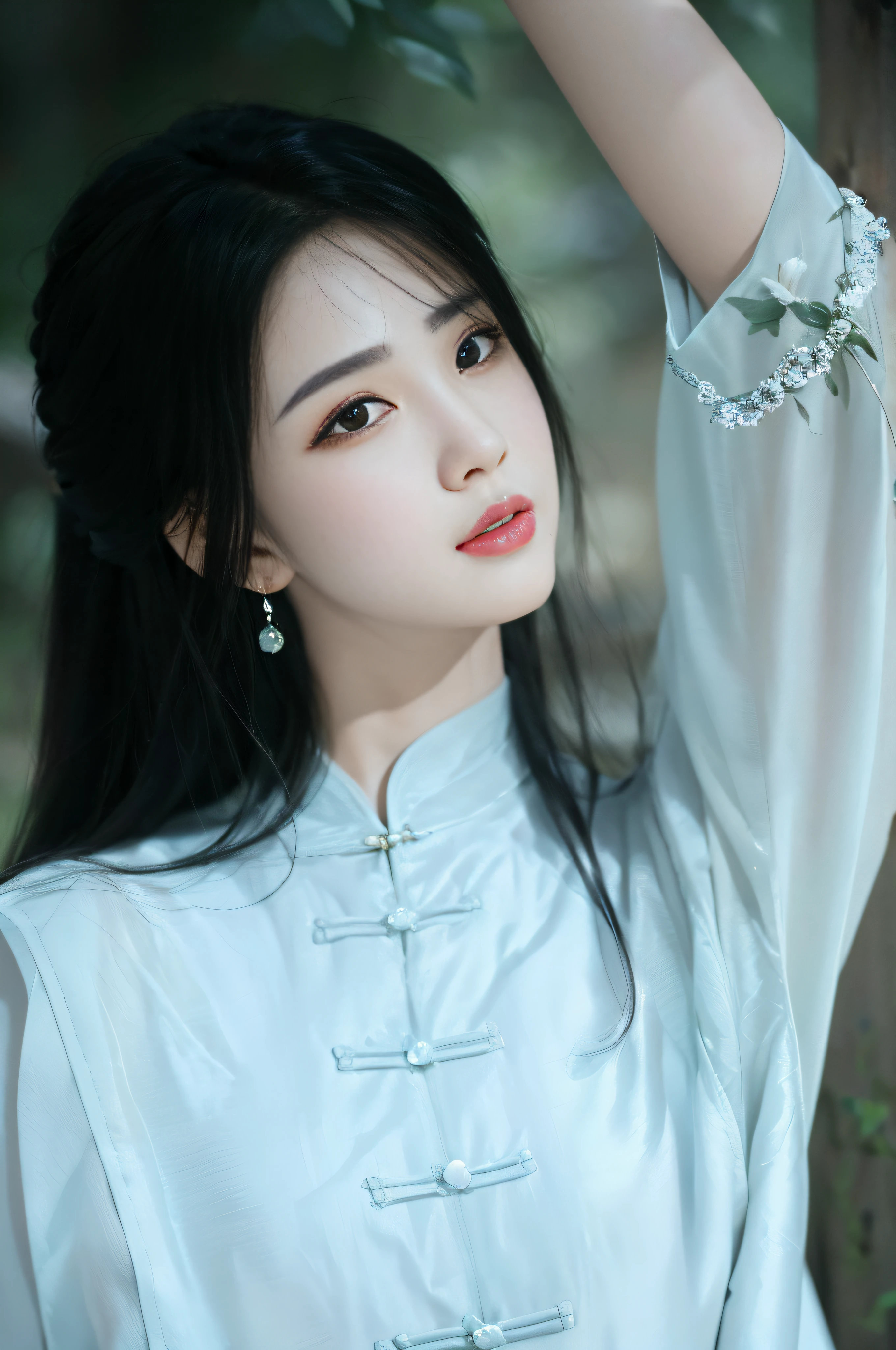 (best quality, masterpiece:1.2), photorealistic, ultra high res, full body shot, front lighting, intricate detail, Exquisite details and textures, 1girl, (young), face highlight, upper body, detailed face, tear mole, white skin, silver hair, ponytail, braid hair, looking at viewer, big eyes, symmetrical eyes, (sexy ao dai attire:1.6), earrings, (gigantic breasts), slim body, professional lighting, photon mapping, radiosity, physically-based rendering, good hands, good fingers, outdoor, masterpiece,ultra realistic,32k,extremely detailed CG unity 8k wallpaper, best quality