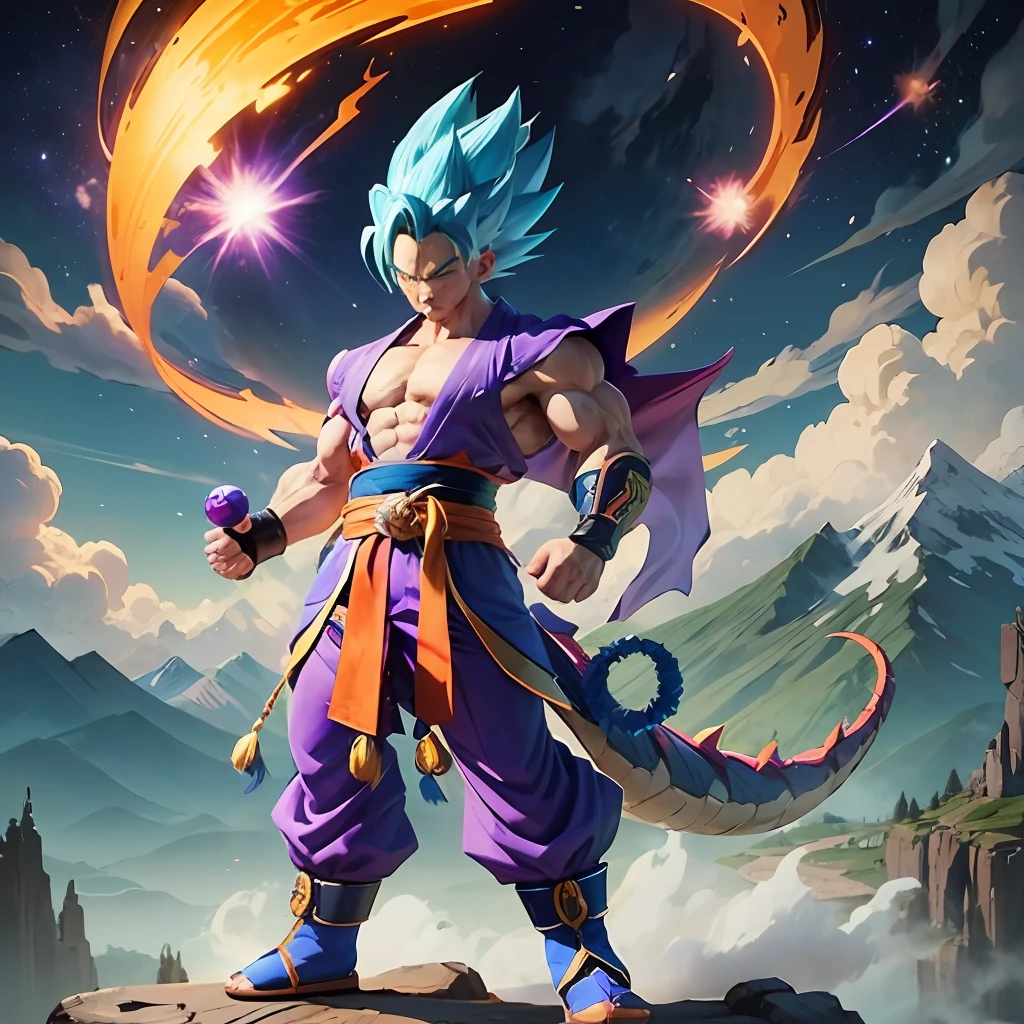 Create a new character for Dragon Ball a muscular blue dragon with detailed purple kimono with a cool pose on a mountain looking at goku, in anime style --auto --s2
