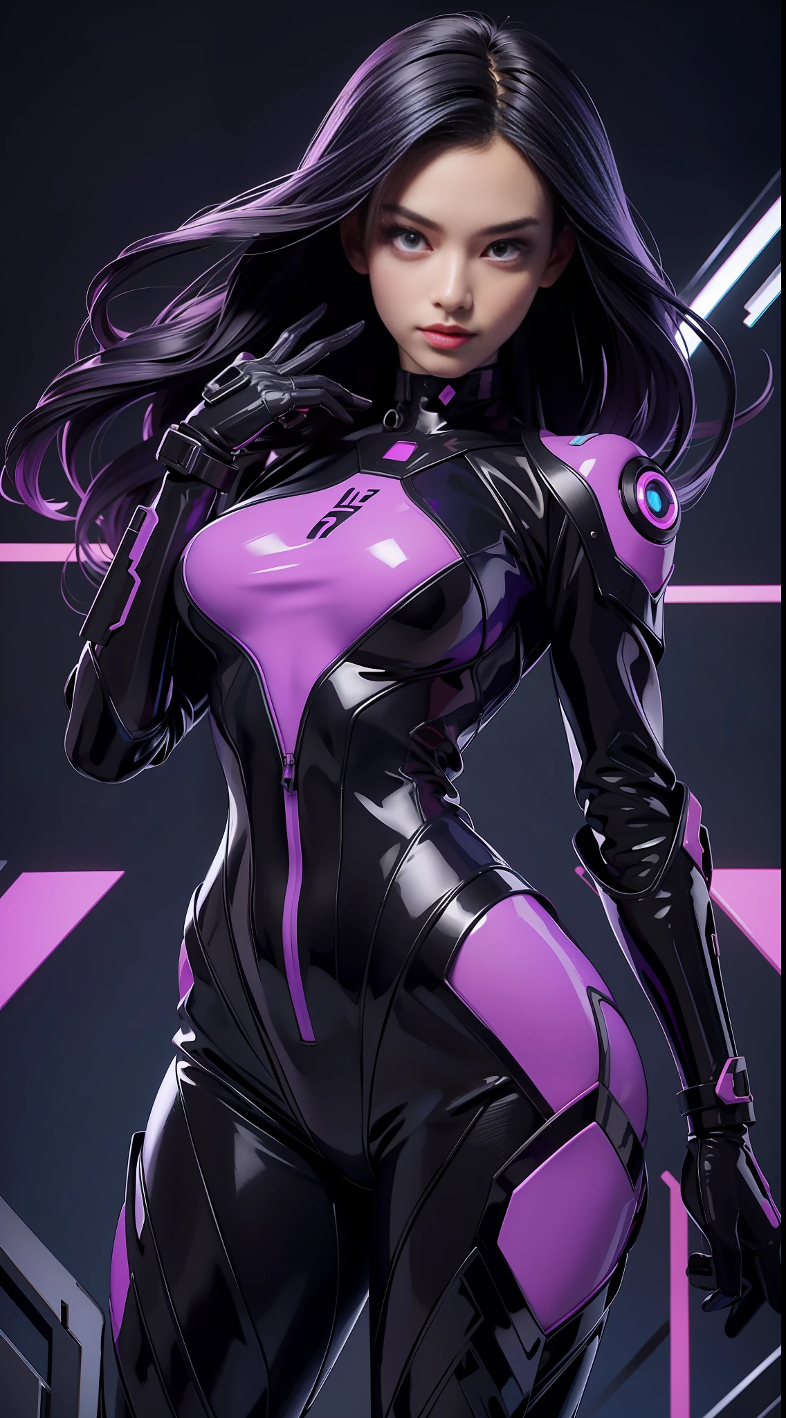 solo, super fine photo, portrait Unreal Engine 5 8K UHD of beautiful and cute girl, Rebecca purple and black color scheme tight cybernetic latex catsuit with latex dress outwear, cybernetic glove, futuristic design, blue violet neon lights details, beautiful make up, luxurious, best quality, masterpiece, official art, unified 8k wallpaper, super detailed, sharp focus, dynamic pose, body parts