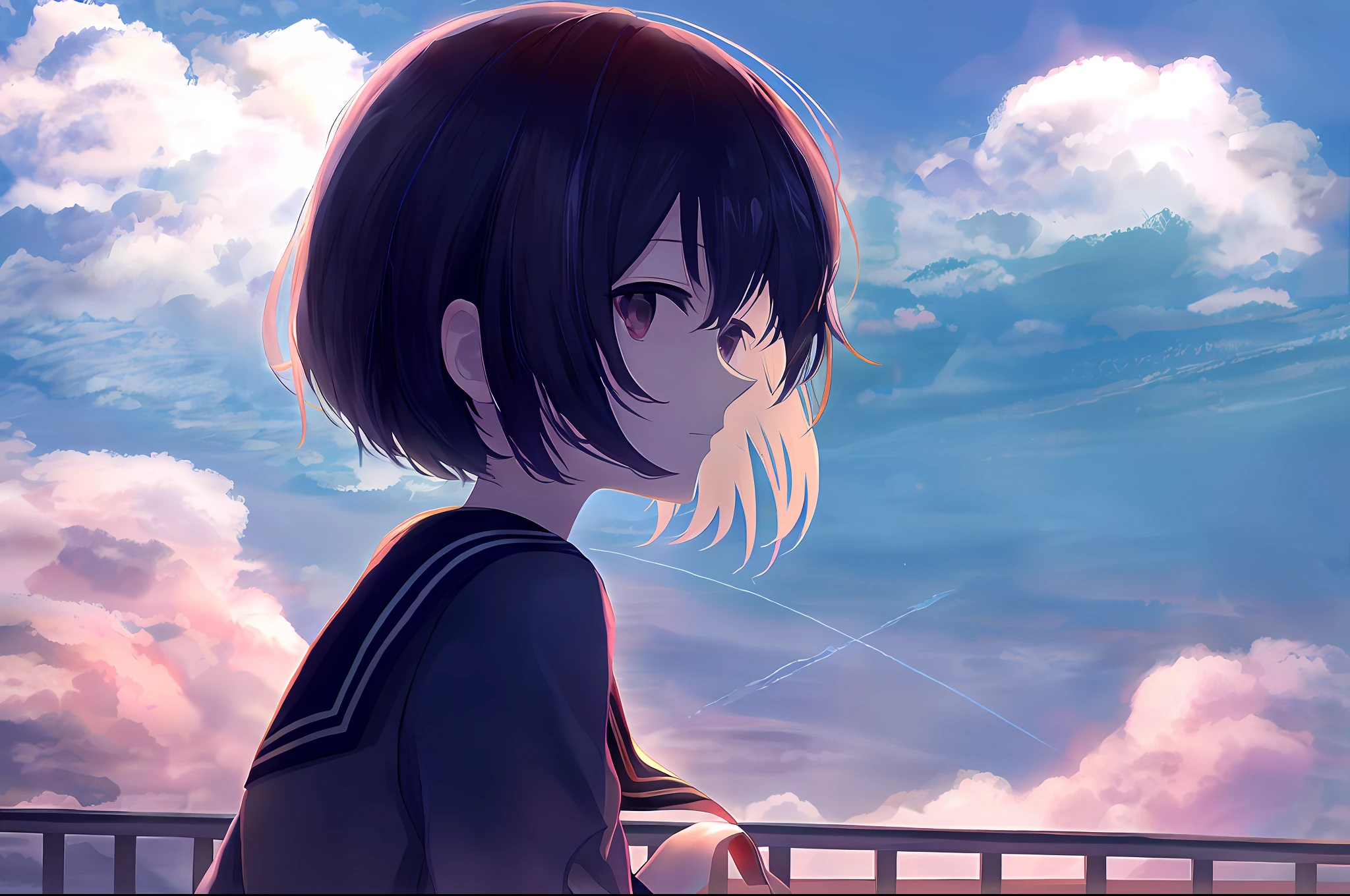 anime,starry sky,1girl,serafuku,from behind,sky,best quality,upper body,masterpiece