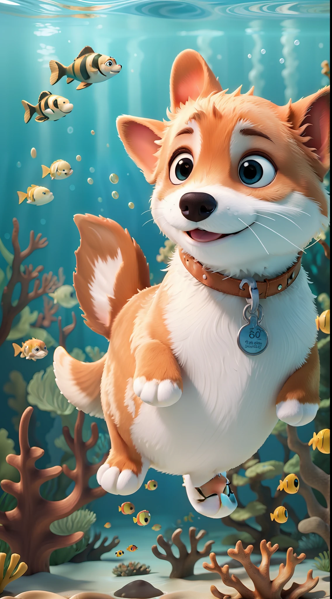 Best Quality: 1.2,Masterpiece:1.2,Real: 1.2,Close-up photo,Undersea,Swimming Corgi,Coral,Facial Surprise,