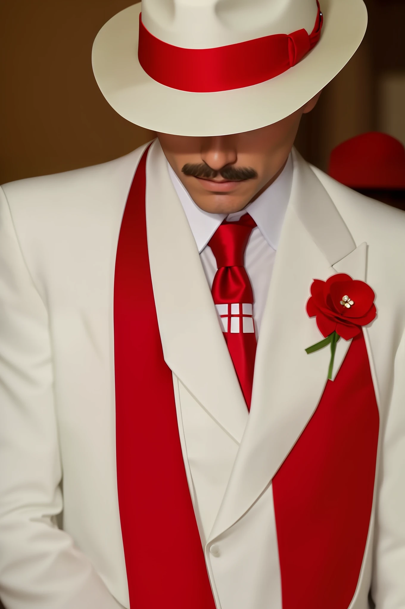 A man with a very thin mustache dressed in a white suit and red tie and hat, white suit and hat, red suit, white red suit, wearing white suit, white and red color scheme, red and white, wearing red formal attire, white suit, wearing red costume, red and white color scheme, wearing a white tuxedo, red tie, red and white colors, Eddie del Rio