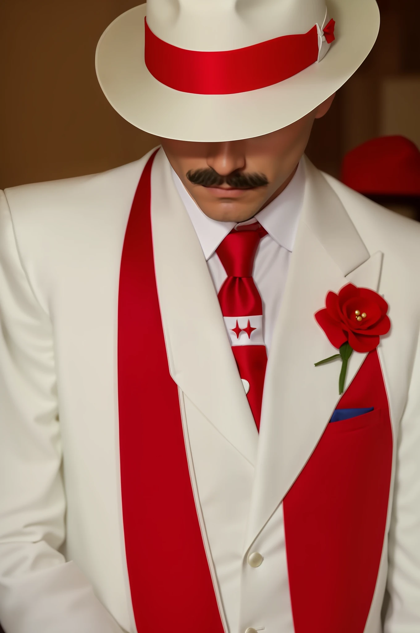 A man with a very thin mustache dressed in a white suit and red tie and hat, white suit and hat, red suit, white red suit, wearing white suit, white and red color scheme, red and white, wearing red formal attire, white suit, wearing red costume, red and white color scheme, wearing a white tuxedo,  red tie, red and white colors, Eddie del Rio