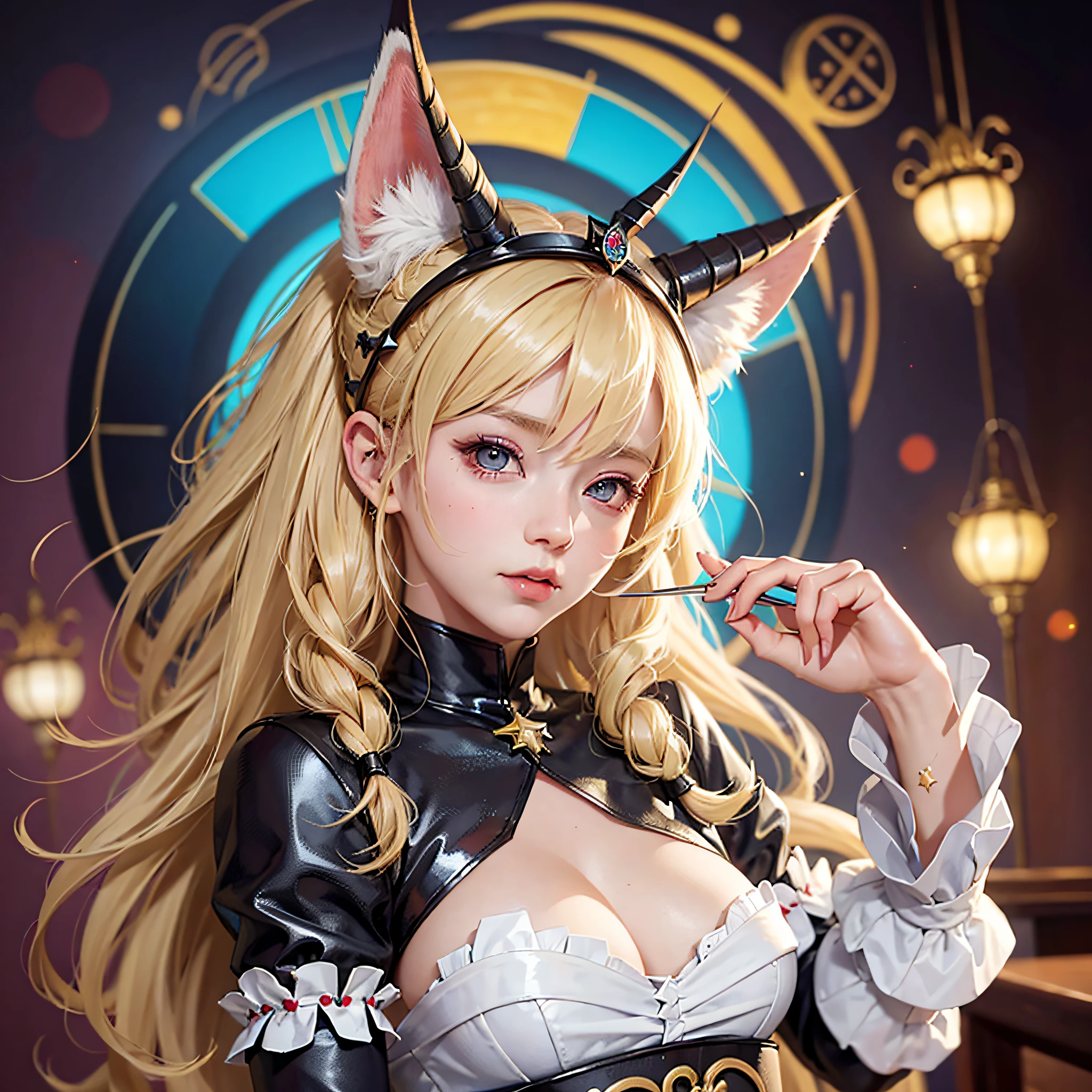 blonde hair, ahoge, drill hair, maid headdress, demon horns, star-shaped pupils, color contact lenses, fox ears, holding breath, tsundere, torogao, excited, Classicism, Art Nouveau, anime style, Verism, Cubism, cinematic lighting, motion blur, UHD, high quality, high details, 16k --auto --s2