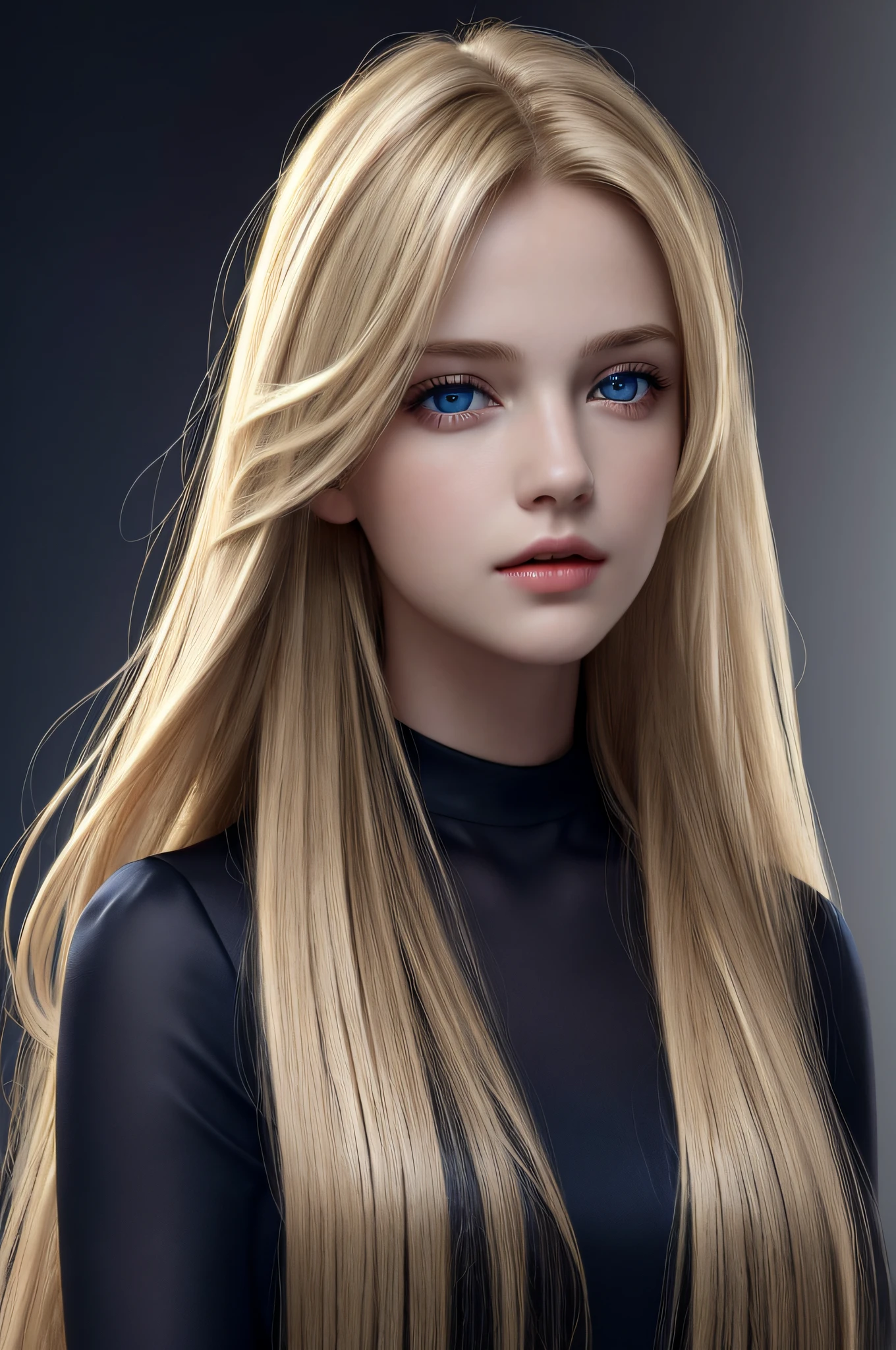 Best quality, masterpiece, ultra high res, (photorealistic: 1.37), raw photo, 1girl, long blonde hair, beautiful eyes, beautiful face, dark blue eyes and face, short black dress, dynamic lighting, in the dark, deep shadow, discreet