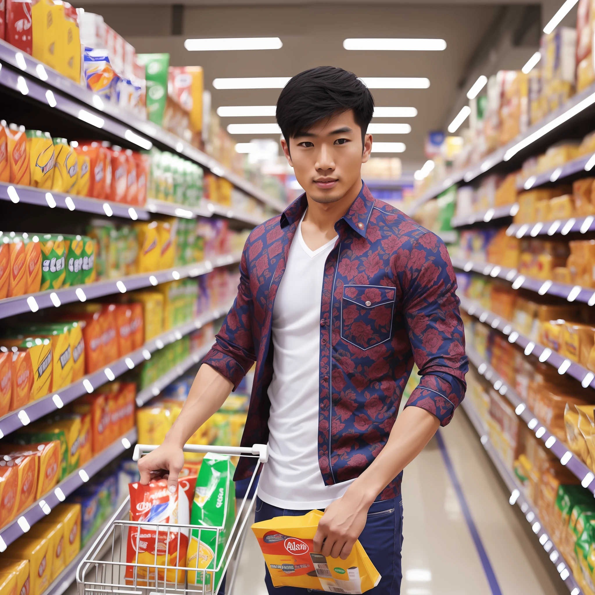 (Best quality,high detailed) featuring a Asian Hot & handsome guy in supermarket! Standing attention with his captivating presence.(Dynamic angle and pose), (beautiful face), (fashionable attire), (slightly blurred background), (vivid lighting and shadows),