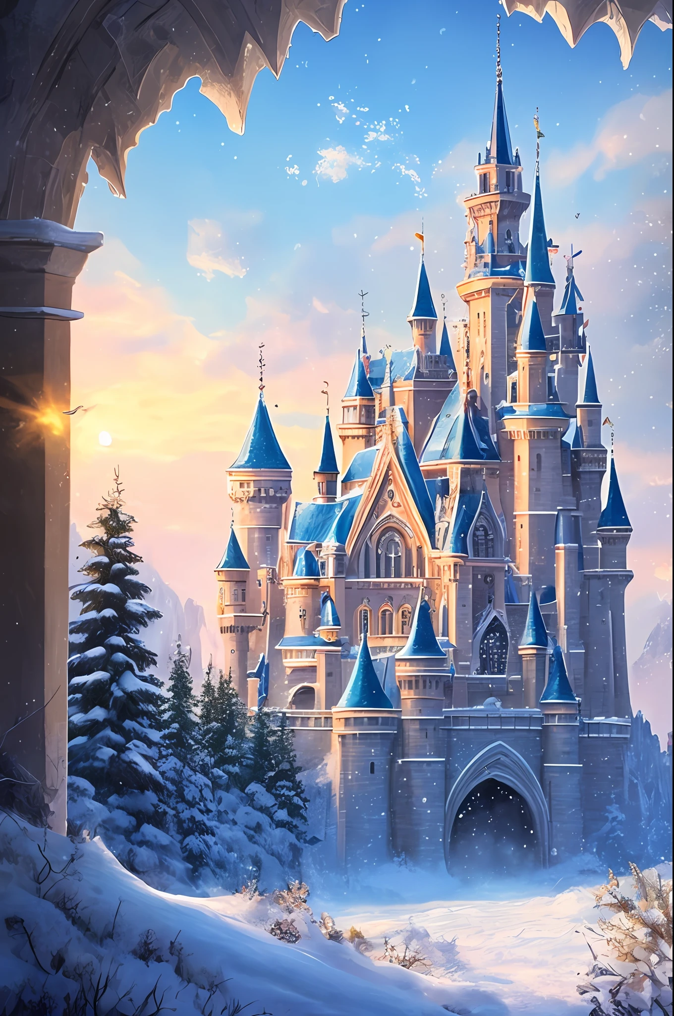 Masterpiece, best quality, high quality, fantasy snow, fantasy castle, for a girly and glamorous feel, artstation, digital illustration, clean, trend, blue tones, oil painting, award winning photography, bokeh, depth of field, HDR,, chromatic aberration, photorealism, very detailed, artstation trend, CGsociety trend, complex, high detail, dramatic, midjourney art