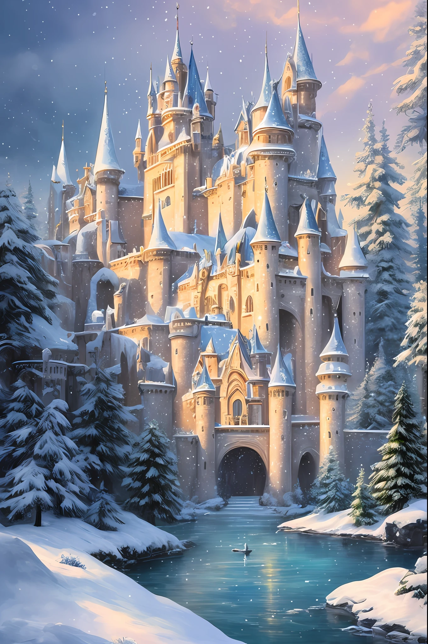 Masterpiece, best quality, high quality, fantasy snow, fantasy castle, for a girly and glamorous feel, artstation, digital illustration, clean, trend, blue tones, oil painting, award winning photography, bokeh, depth of field, HDR,, chromatic aberration, photorealism, very detailed, artstation trend, CGsociety trend, complex, high detail, dramatic, midjourney art