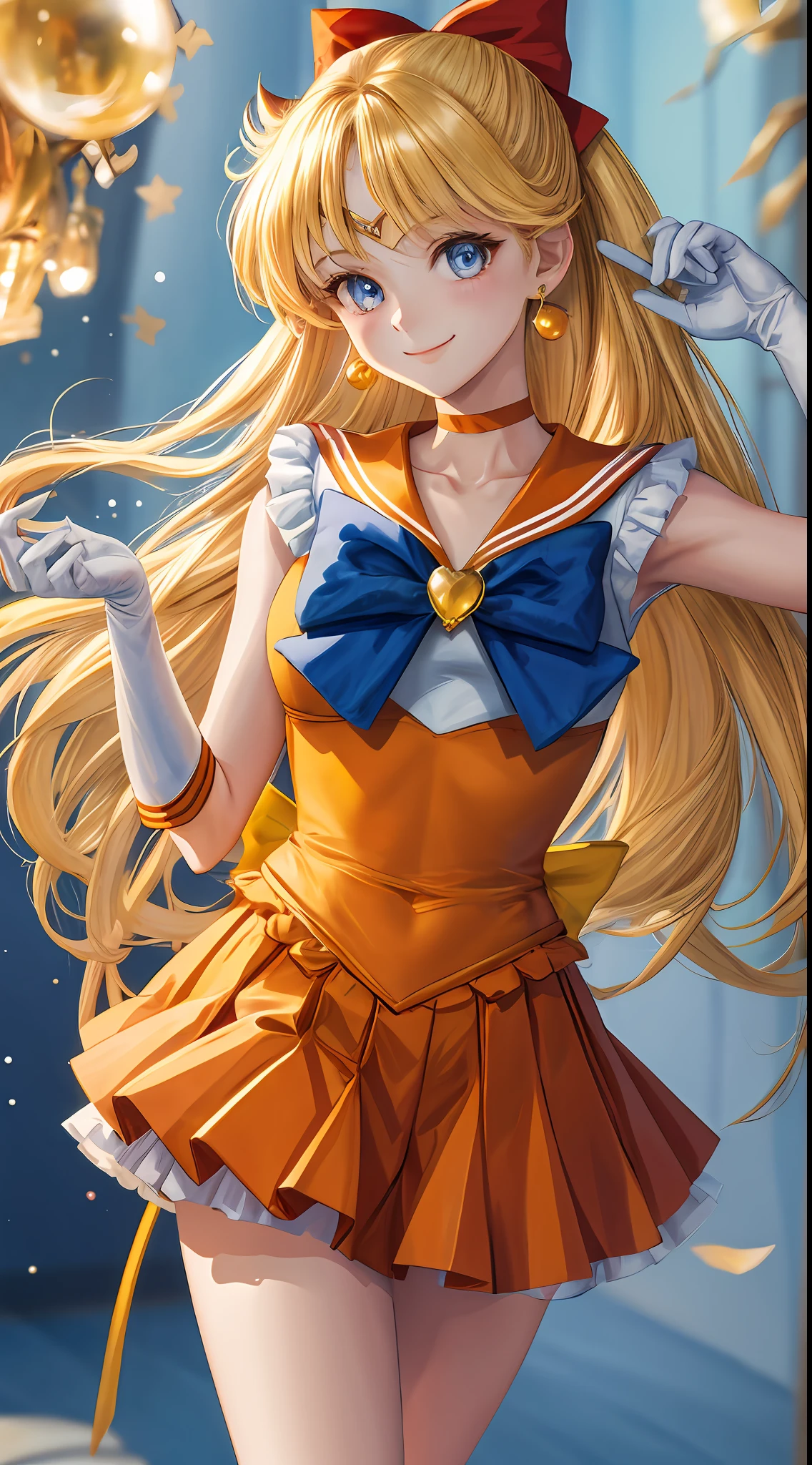 masterpiece, best quality, highres, venus1, 1girl, solo, sailor senshi uniform, sailor venus, aino minako, blonde hair, magical girl, blue eyes, orange skirt, elbow gloves, tiara, pleated skirt, hair bow, orange sailor collar, miniskirt, choker, red bow, orange choker, white gloves, very long hair, jewelry, earrings, cowboy shot, smile,