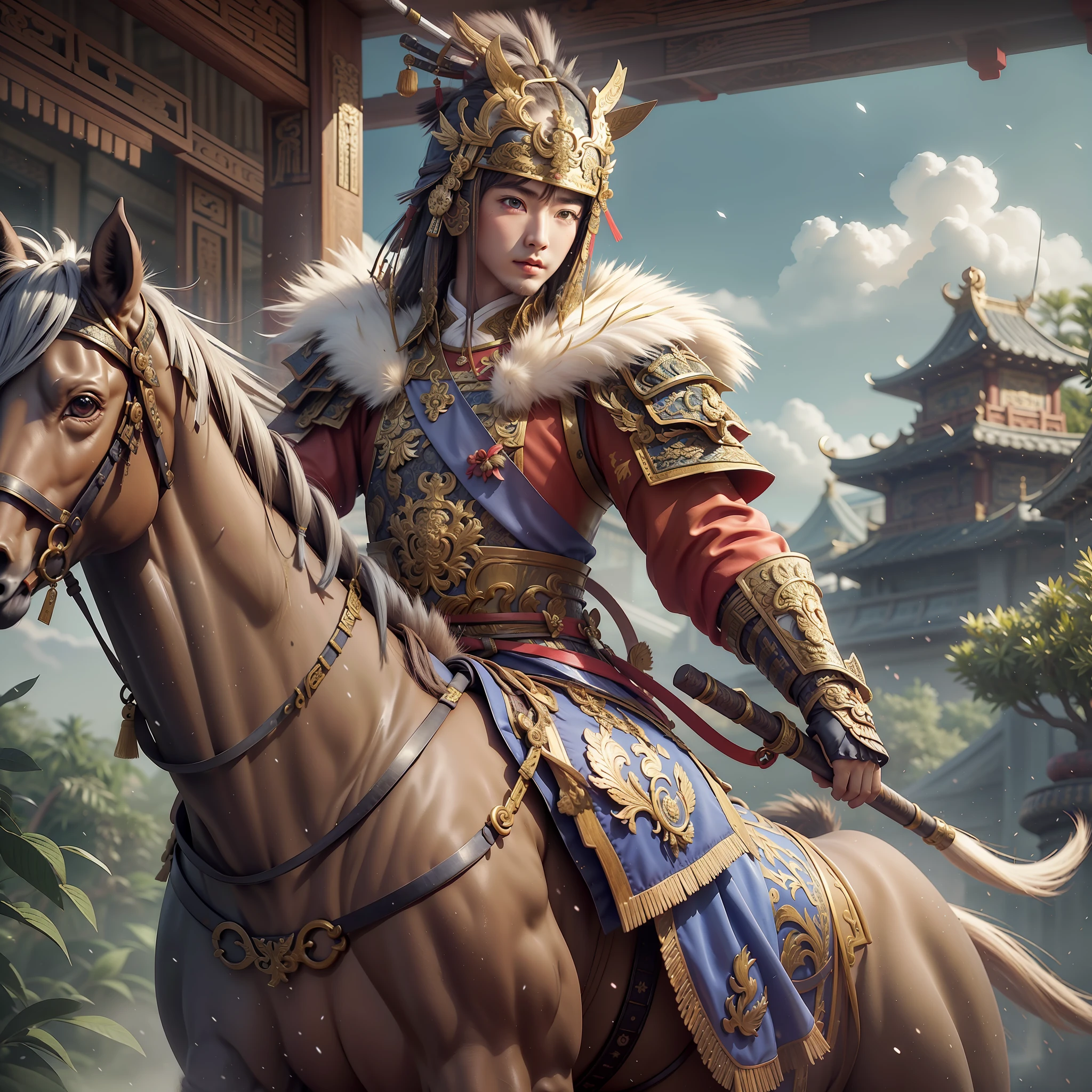 There is a man on horseback in Chinese style, Ma Chao, high-detail official painting, handsome face, fairy hero, G Liulian art style, Chinese warrior, horse warrior, war armor