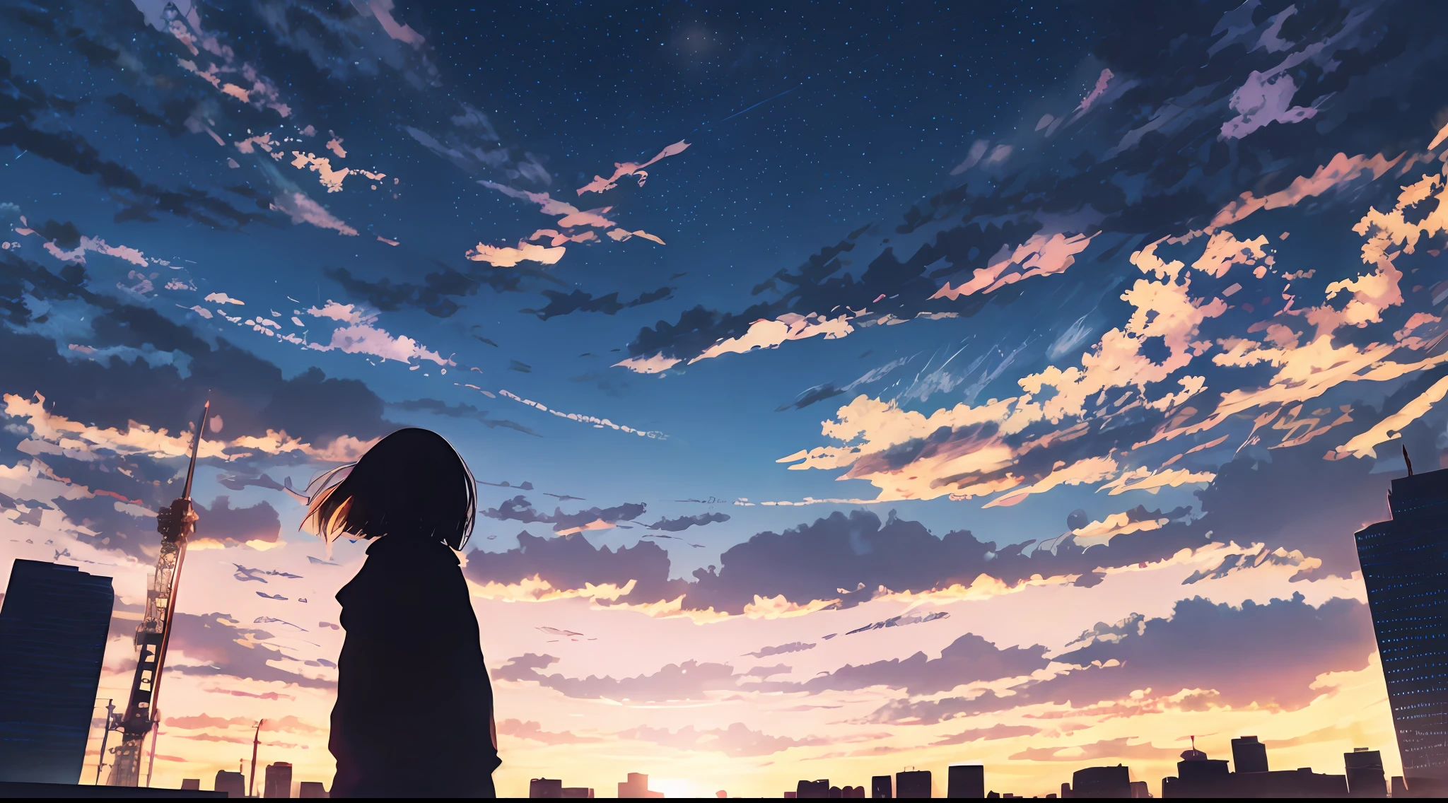 anime,silhouette,1girl, star (sky), cloud, cityscape, building, city, outdoors, skyscraper, city lights, night, night sky, sunset, skyline