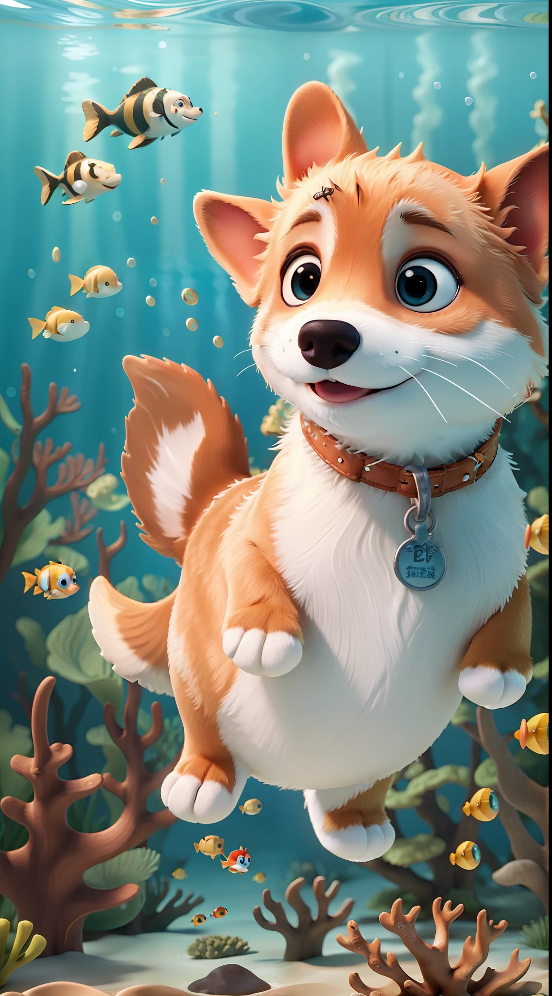 Best Quality: 1.2,Masterpiece:1.2,Real: 1.2,Close-up photo,Undersea,Swimming Corgi,Coral,Facial Surprise,