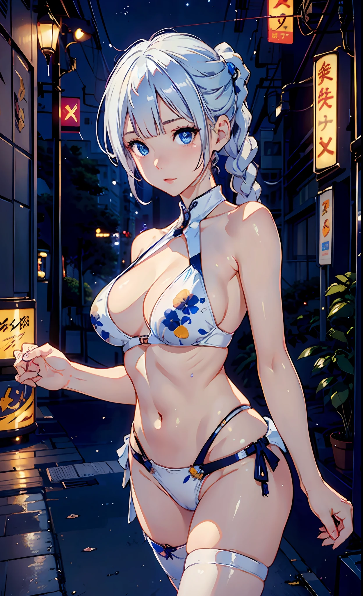 masterpiece, best quality, girls, slender, blue eyes, hair color ash, white skin, medium breasts, cute, sexy, futuristic, bikini, skin exposed, night, floral theme, open legs, full body