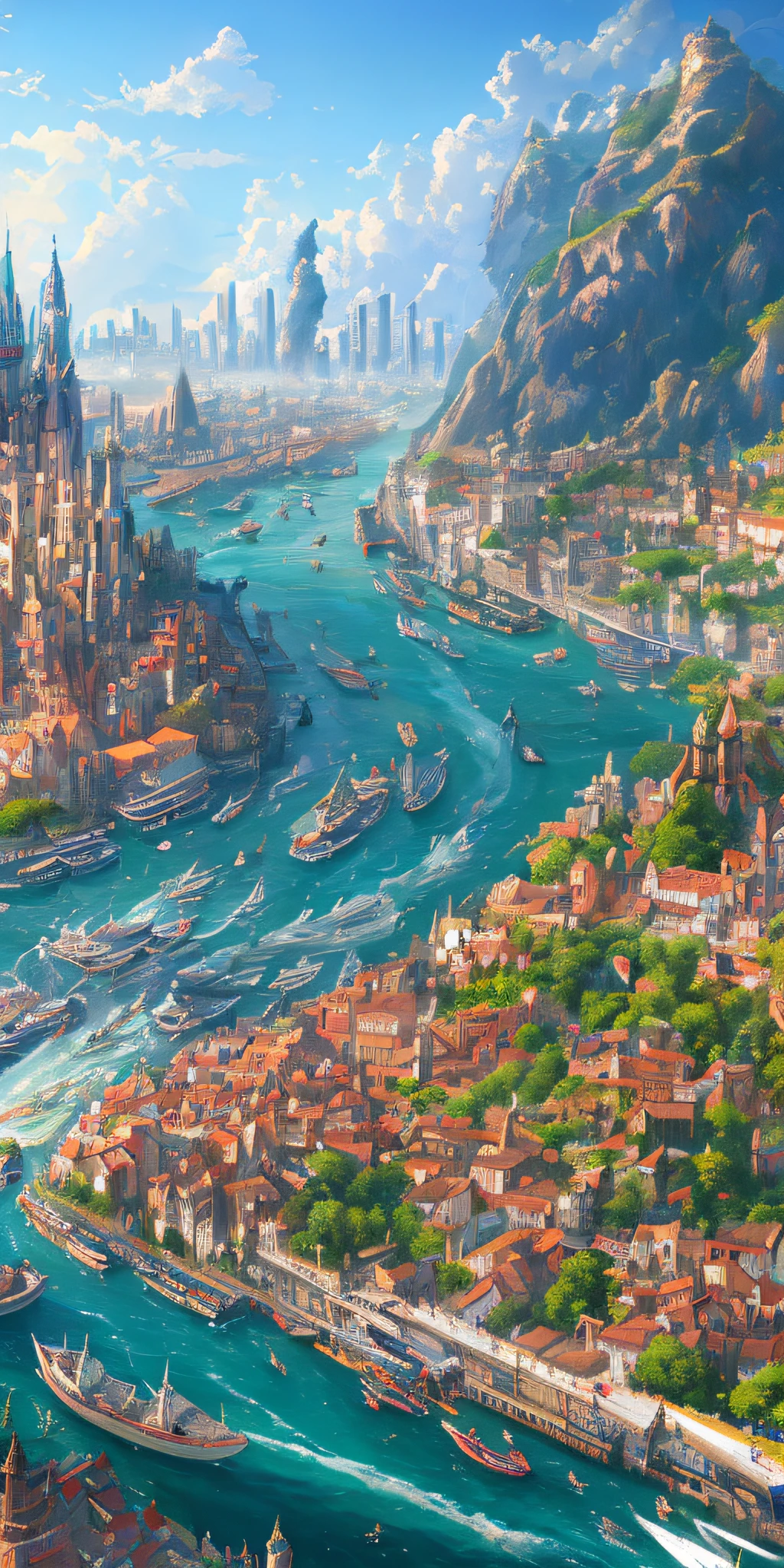 8K, masterpiece, horizontal layout, high resolution, best quality, super detail, dynamic angle, floating, bustling cityscape, intricate details, historical buildings, flowing rivers, bright colors, volumetric lighting, crowded boats and bridges, rich cultural background.