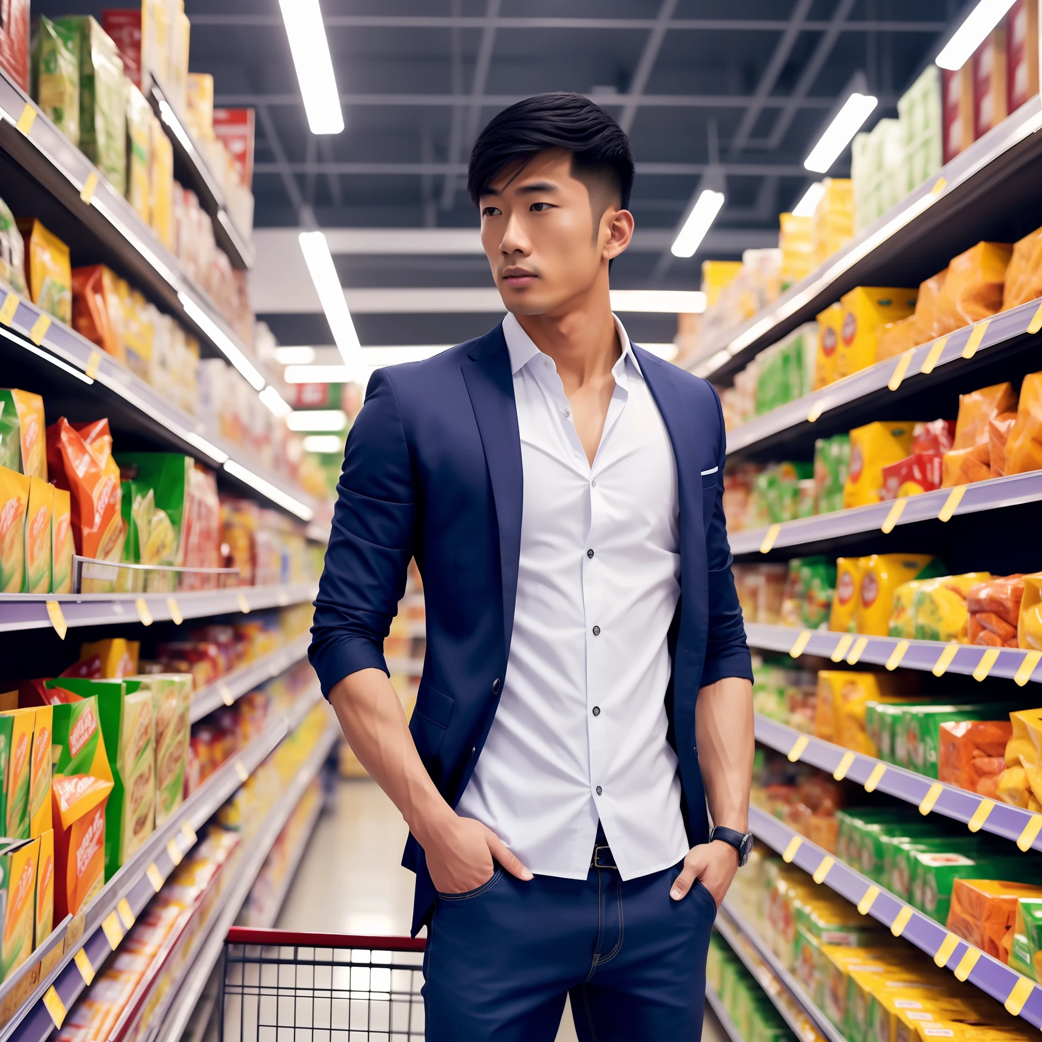 (Best quality,high detailed) featuring a Asian Hot & handsome guy in supermarket! Standing attention with his captivating presence.(Dynamic angle and pose), (beautiful face), (fashionable attire), (slightly blurred background), (vivid lighting and shadows),
