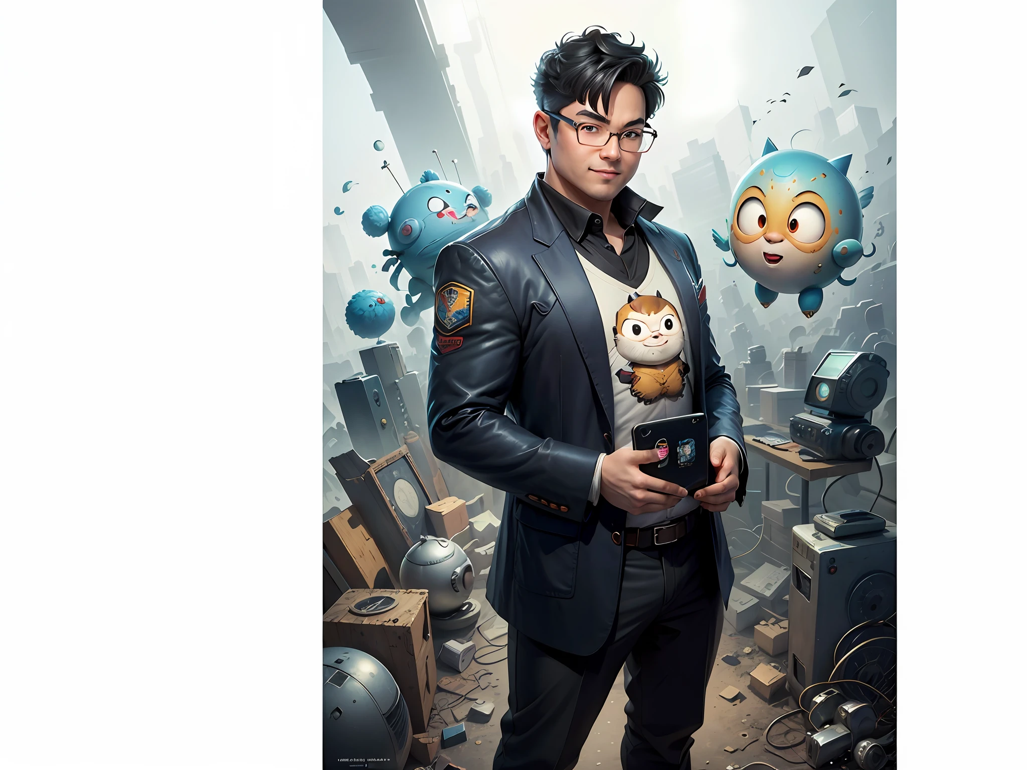 Masterpiece), (Excellent), (Super Meticulous), (Full Body: 1.2), Super Young Woman, Beautiful, Sexy, Bursting, Oriental Face, TV Anchor, Bust Portrait Illustration, Alone, Black Suit, Blue Tie, Silver Glasses, Slightly Chubby Face, Very Clean Face, No Beard, Black Super Short Hair, Black Eyes, Confident Smile, 3c Computer Sub-Products, iPad, iPhone, Digital Painting, 3D Character Design by Akira Toriyama with Mark Claireden and Pixar and Hayao Miyazaki, The illustration is a high-definition illustration in 4K resolution with very detailed facial features and cartoon-style visuals.