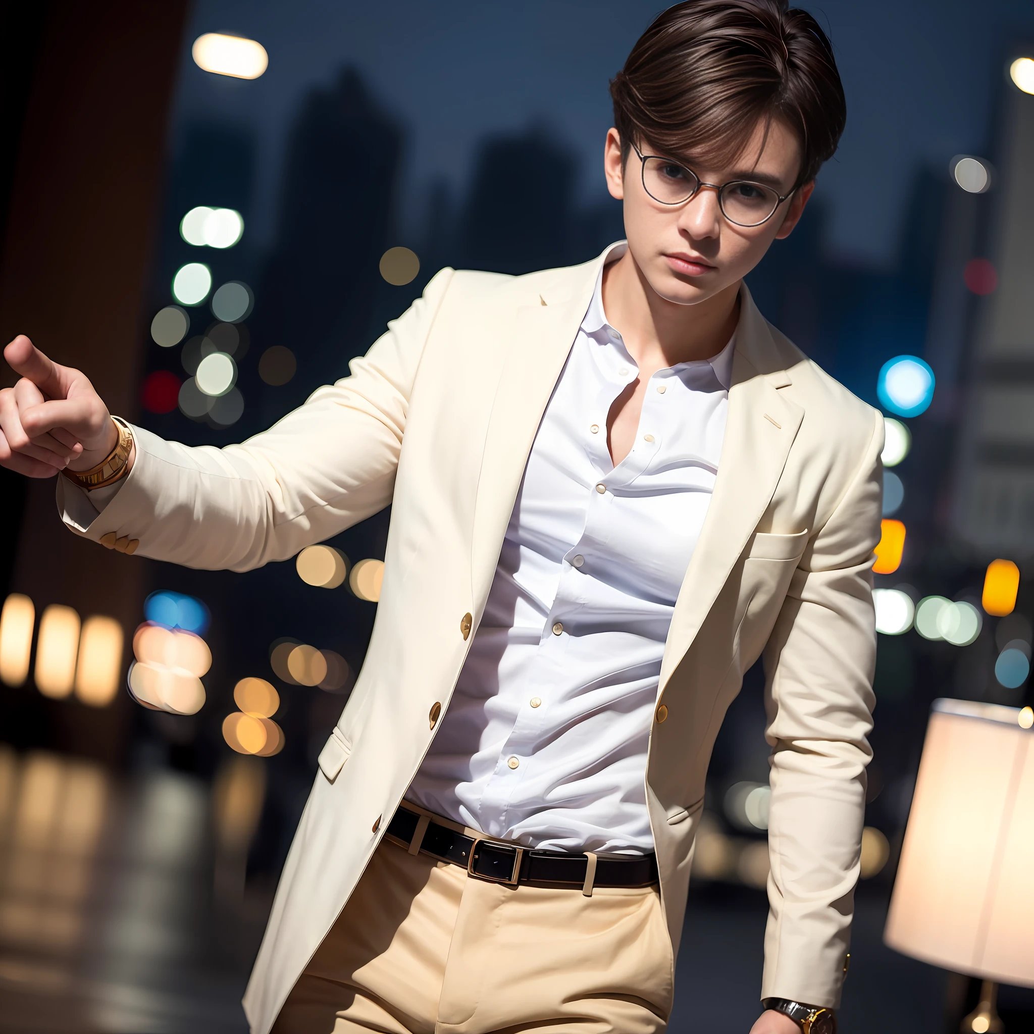 Casual pose, (extremely delicate and beautiful work), (masterpiece), 1boy, overbearing president, gold wire glasses, white shirt, high detail, suit, watch, cold expression, clear eyes, simple bokeh background, extreme detail depiction, handsome and compelling, super fine painting, delicate face, fine mix4, (8k, RAW photo, best quality, masterpiece: 1.2), (realistic, realistic: 1.37), 1boy, handsome, cityscape, (((night))), rain, wet, professional lighting, photon mapping, radiosity, physically-based rendering,