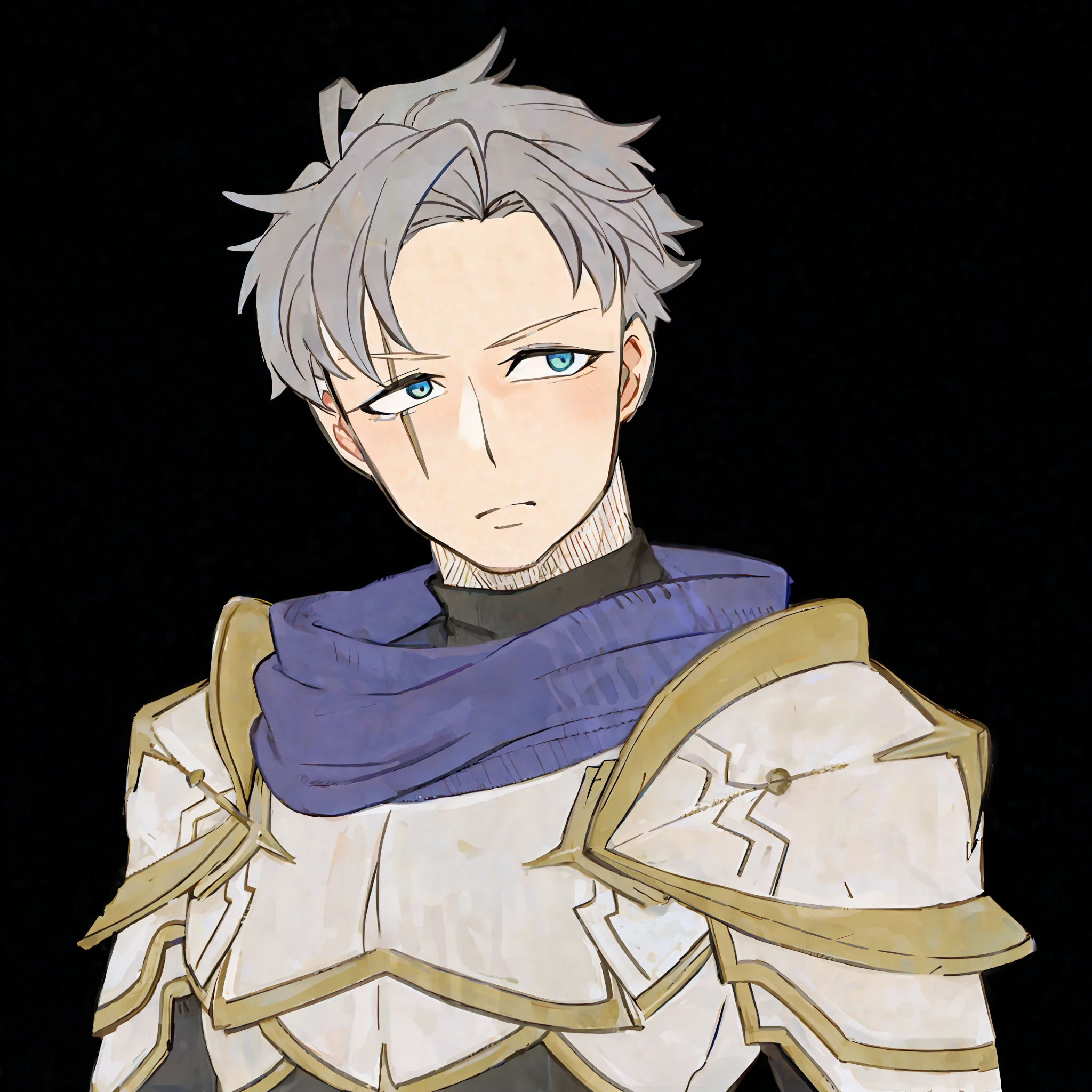 Blue-eyed, gray-haired, knightly young male