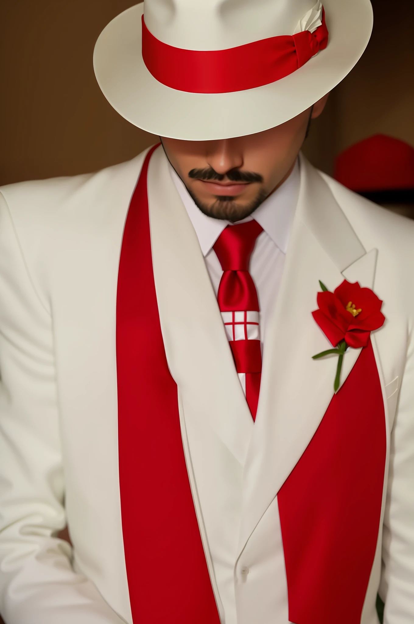 A very swarthy man with an extremely thin mustache and a very thin goatee, dressed in a white suit and red tie and hat, white suit and hat, red suit, white red, wearing white suit, white and red color scheme, red and white, wearing red formal attire, white suit, wearing red costume, red and white color scheme, wearing a white tuxedo, red tie, red and white colors, Eddie del Rio