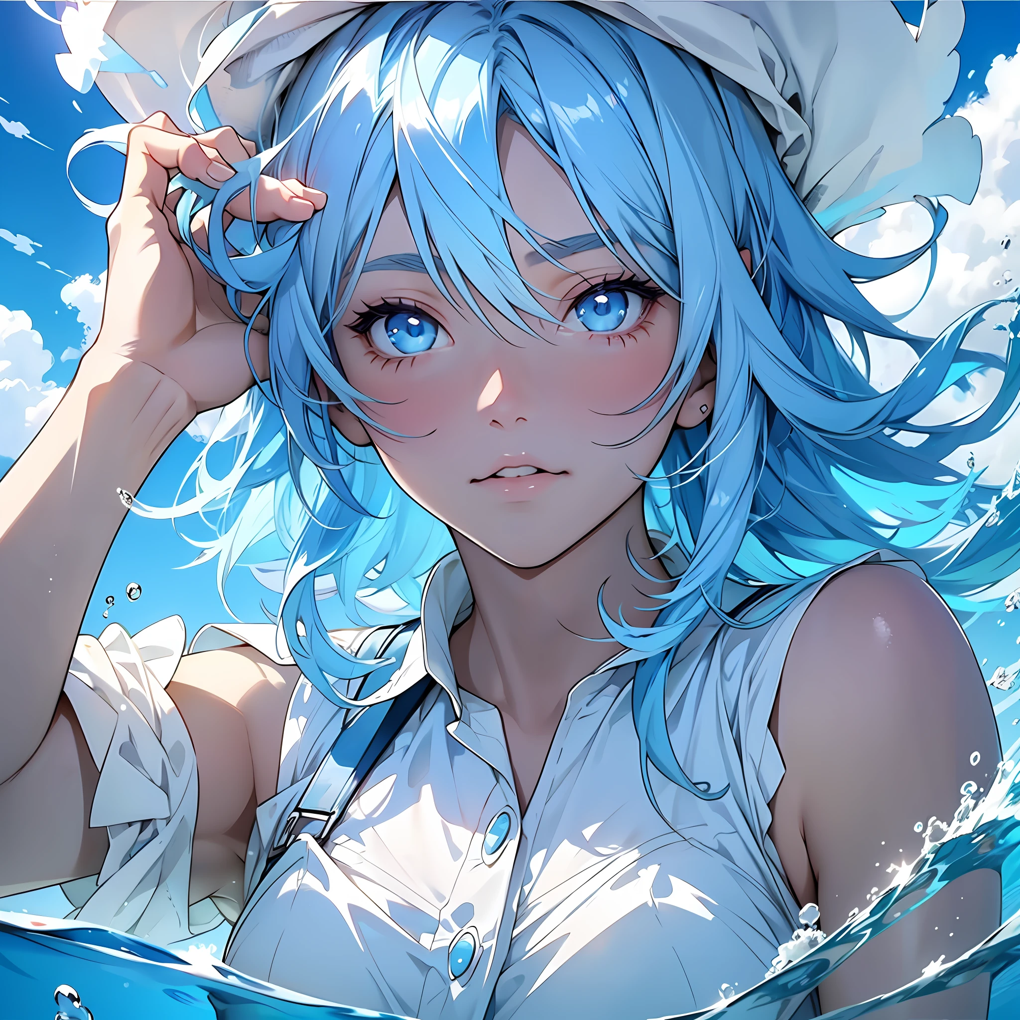 underwater, light blue hair, short cut, sky blue eyes, blue sky, white clouds, fluffy, white clothes --auto --s2