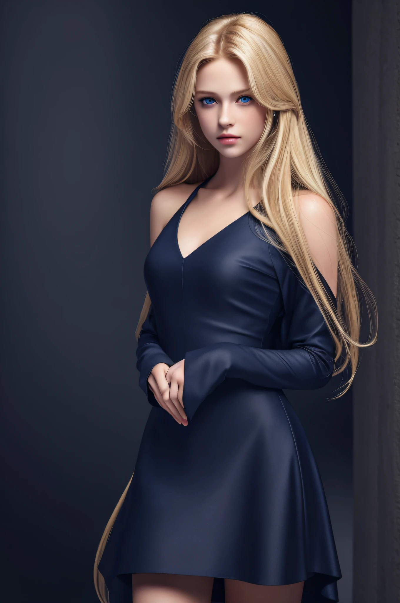 Best quality, masterpiece, ultra high res, (photorealistic: 1.37), raw photo, 1girl, long blonde hair, beautiful eyes, beautiful face, dark blue eyes and face, short black dress, dynamic lighting, in the dark, deep shadow, discreet