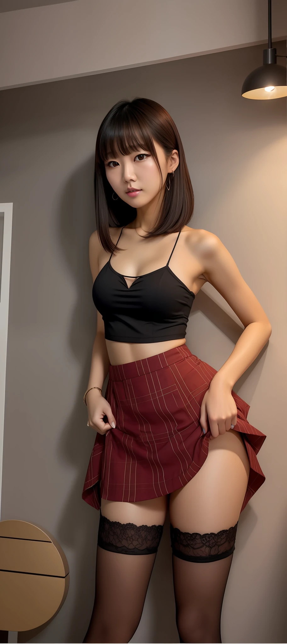 Small breasts, bangs, half-open eyes, wicked, Korean, sharp cheekbones, straight chin