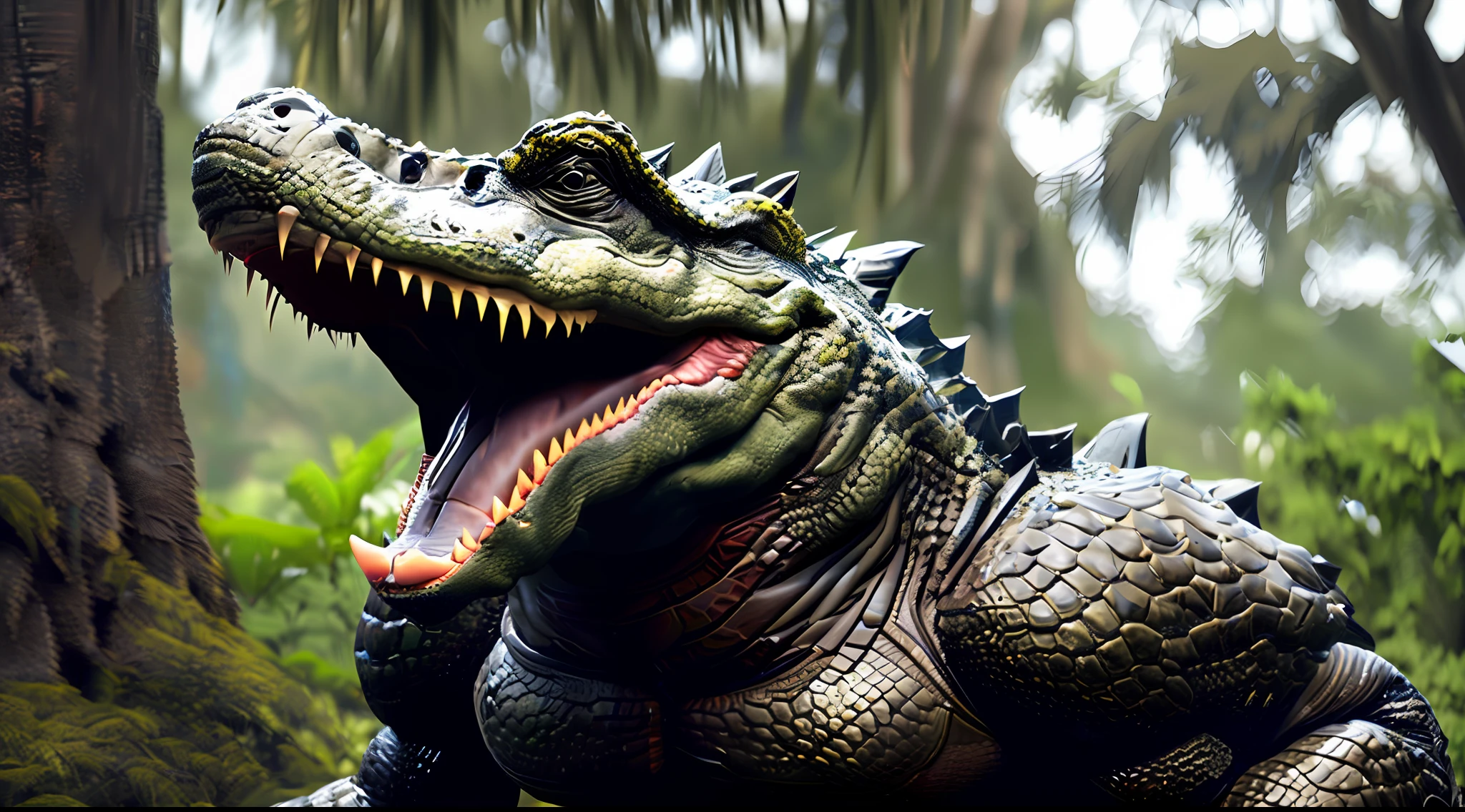 fkingscifi_v2 professional stock photo hyperbolic very heavy weight ifbb pro bodybuilder, very detailed crocodile head, very realistic alligator head, ((very small head)), ((drooling))), exercise muscles in the forest, very thick neck, very big muscles, very big muscles, very big muscles, very big muscles, very big muscles, very big muscles, very big biceps, Very large trapezius, very large quadriceps, very thick arms, very thick legs, very thick torso, very oily, very sweaty, very textured, very detailed, very detailed alligator scales, textured scales, very smooth scales, very detailed anatomy, very detailed body, very detailed muscles, intricate, aesthetics, digital SLR camera, vivid, studio lighting, studio quality, 8k, (wide angle lens), (full body), very torn abs, very torn abs Detailed abs, angry expression, sexy, hot, award winning, amazing