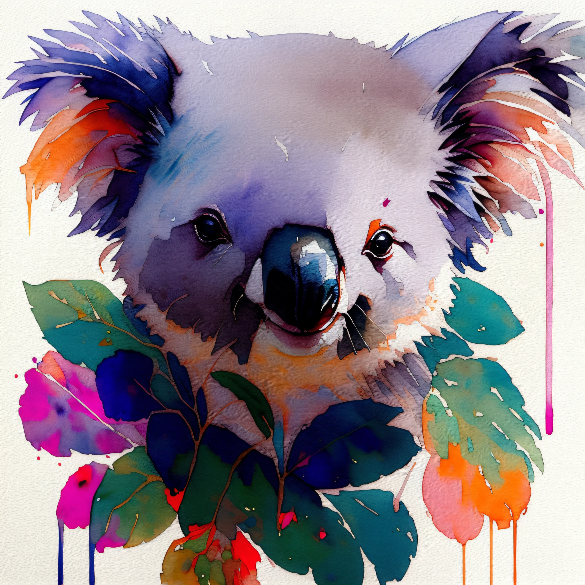 wtrcolor style, (a koala bear head) digital art, official art, front, smile, masterpiece, beauty, ((watercolor)), face painting, paint splash, intricate details. Very detailed, detailed eye, [dripping:0.5], trends on Artstation, Rachel Walker