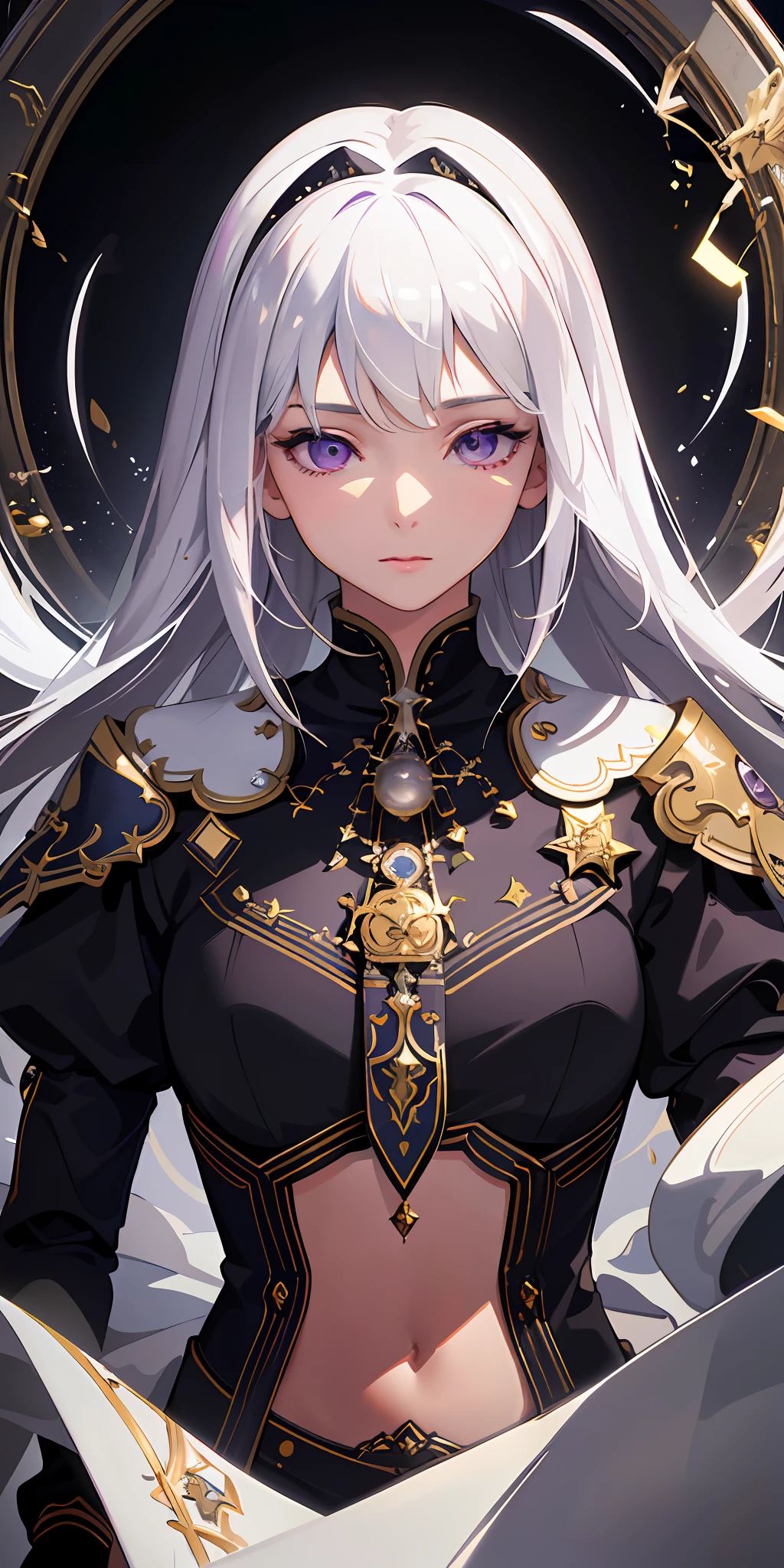 high resolution, highest quality, illustration, cinematic light, super detailed, detailed face, (detailed eyes), best quality, super detailed, masterpiece, (detailed face), white hair, purple eyes, highest detail, glowing eyes, medium breath, black glow, white clothes, backlight, (belly: 1.4), light, (high contrast), (color), (closed eyes 1)