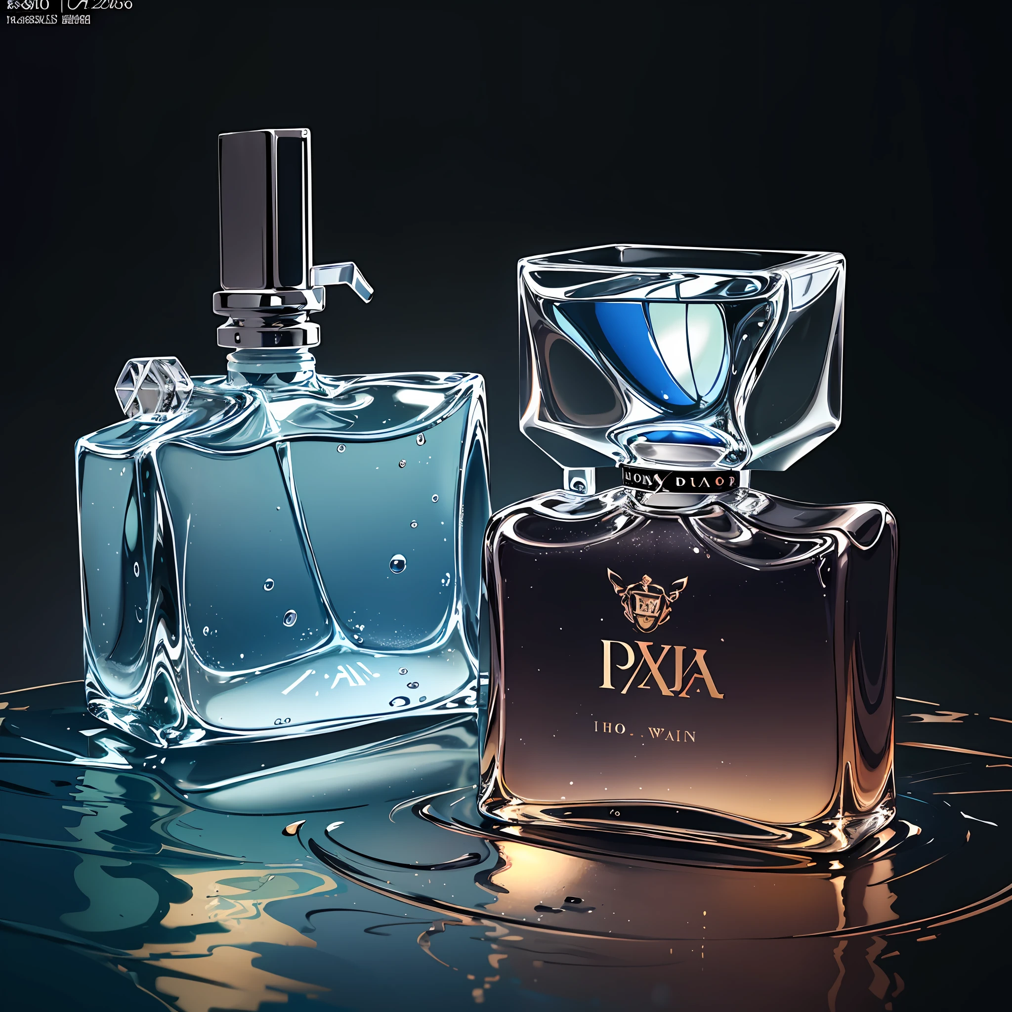In - studio shooting, product - view, prada, ( Perfume on the the water. witha magical and luxurious quality. ) ( colorfullight) ( magazine photography, ) adver - torial, photorealistic, ultra detailed, raytracing, HDR, 16K --ar 9:16 --q 2 --auto --s2