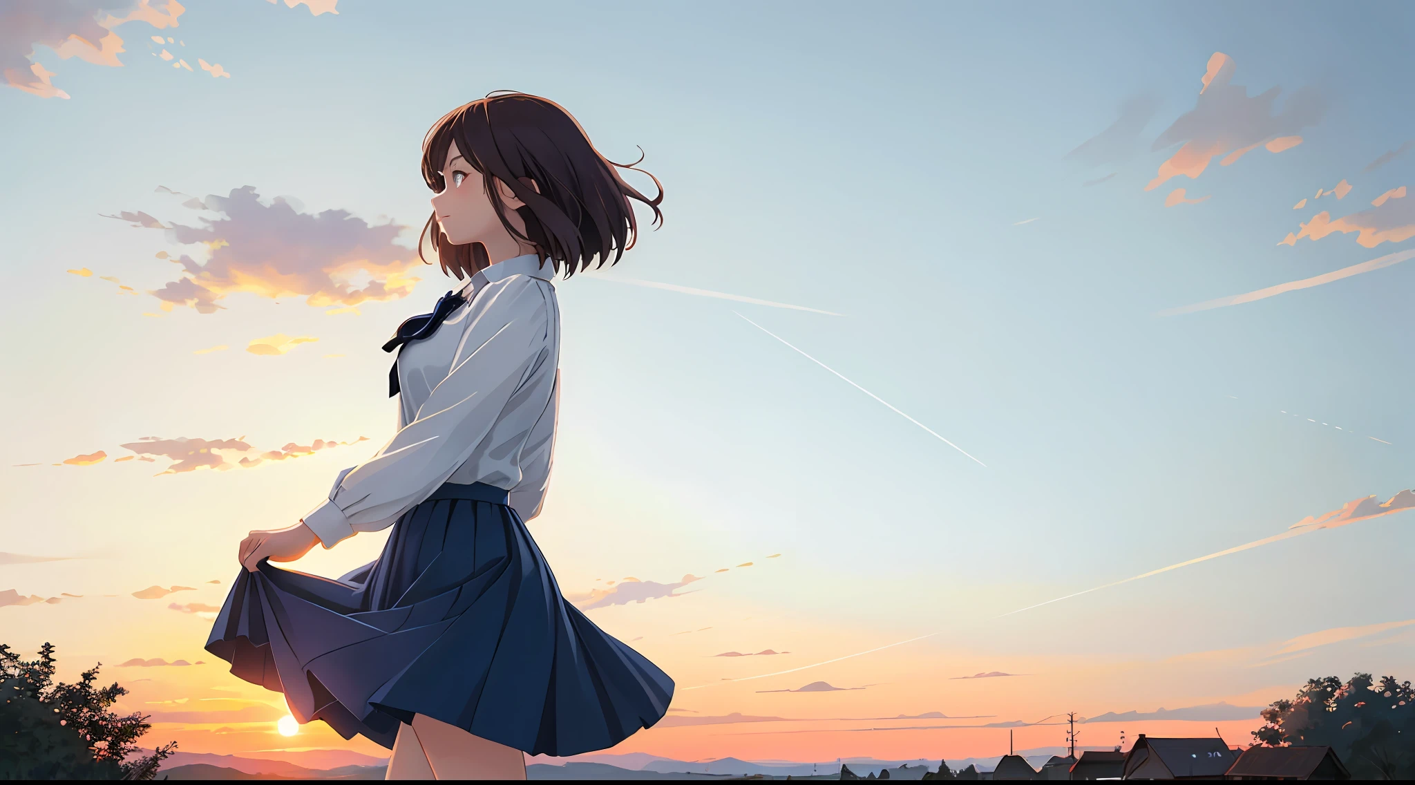 beautiful illustration, best quality, cute girl, (sunset), countryside, outdoor, scenery, blue skirt, white blouse, from side, cinematic lighting, cowboy shot,