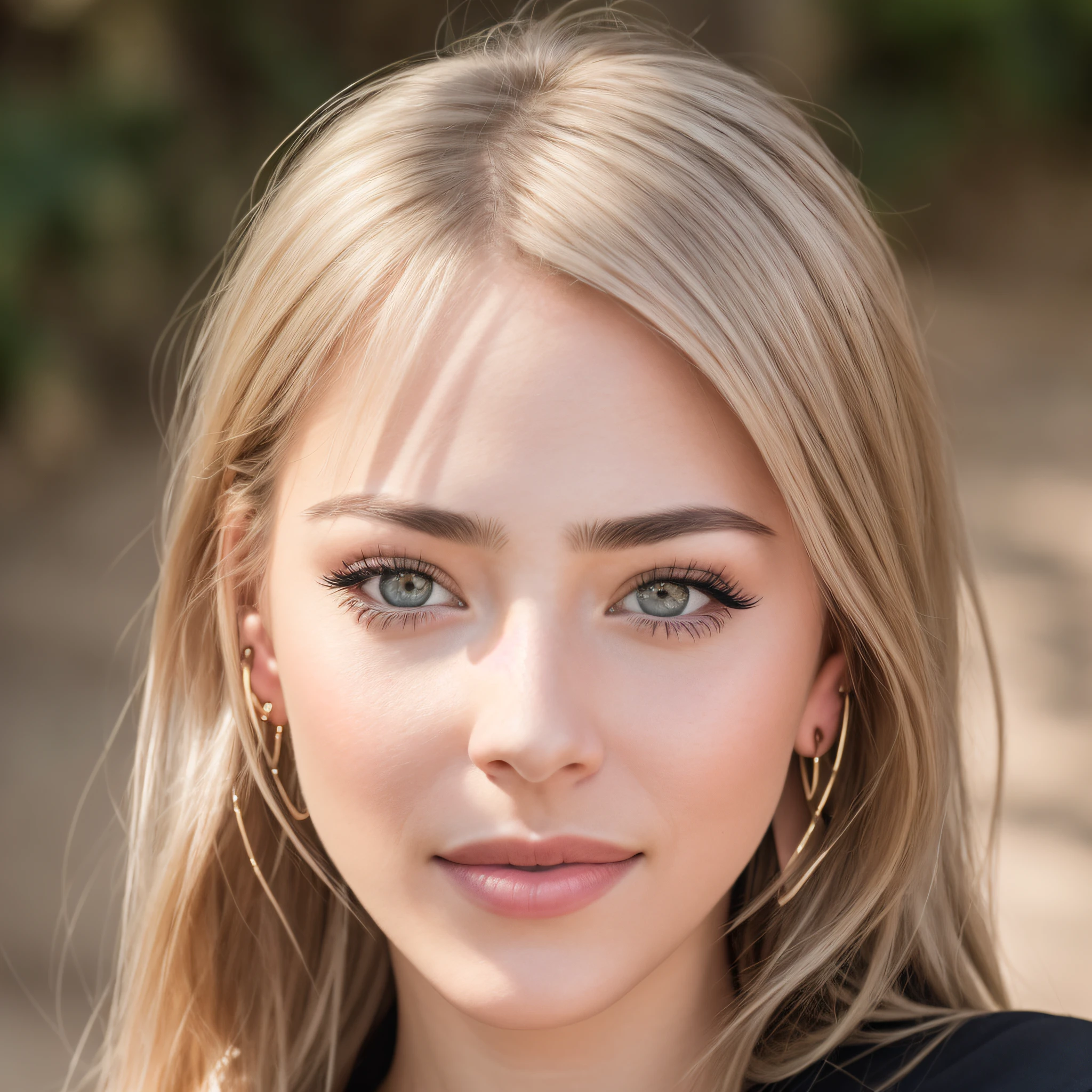 8k, RAW photography, portrait, best quality, ultra high definition, photorealism, 1 girl, beauty 23 years old, eyes down, mouth closed, upscale from face to chest, earrings, white sleeveless, breasts, smile, eyelashes, beautiful breasts, bright daytime outdoors, movie lighting, depth of field, lens flare