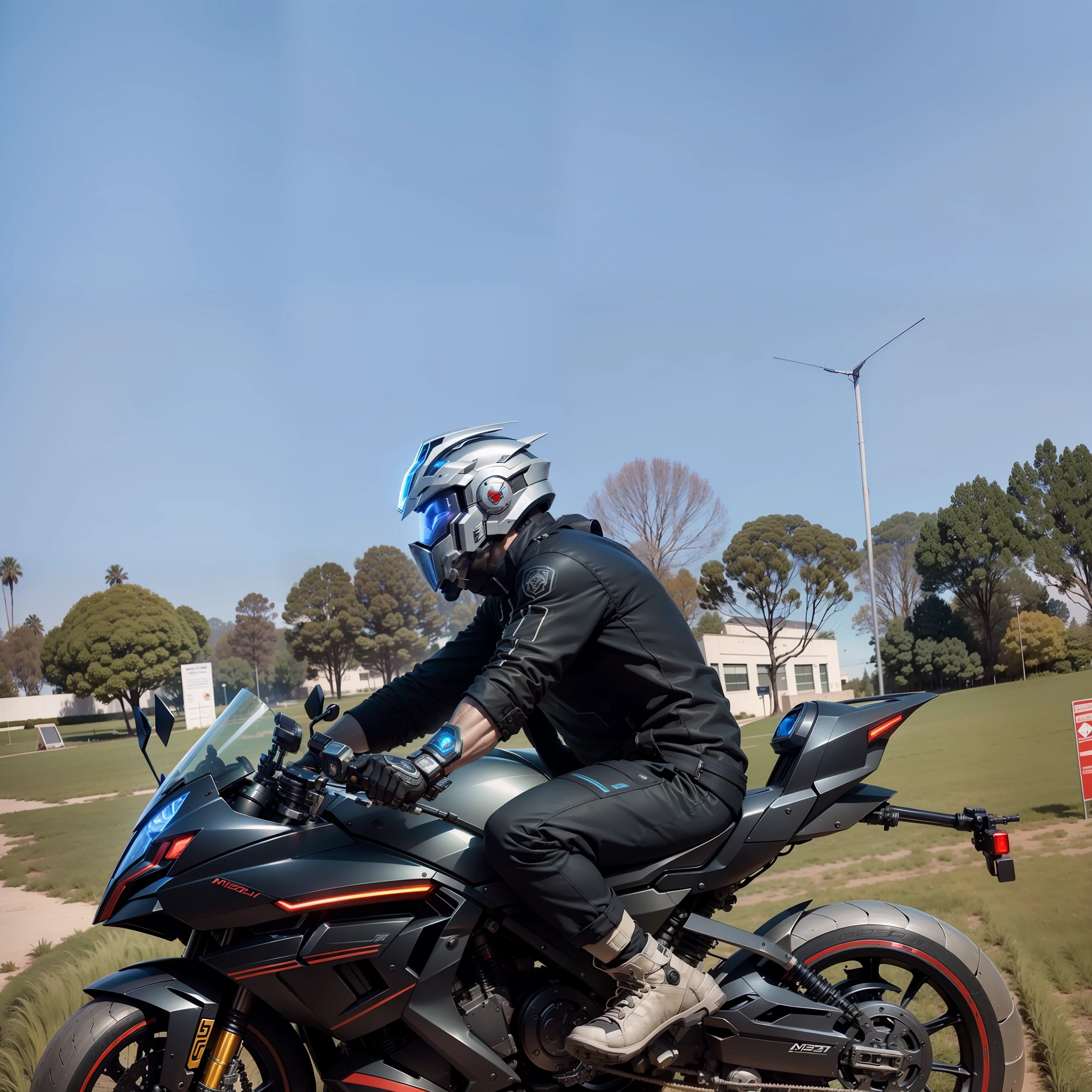 Cyber Warrior & Cybertech Mechanical Motorcycle, Mighty Male Warrior, Nousr, Biomechanics, MSHN Robot Man, Cybertech Full Surround Helmet, Surreal, Steel, Intricate Design, Crazy Detail, Fine Detail, Extremely Clear Lines, Cinematic Lighting, Photo Realistic, Detailed Masterpiece