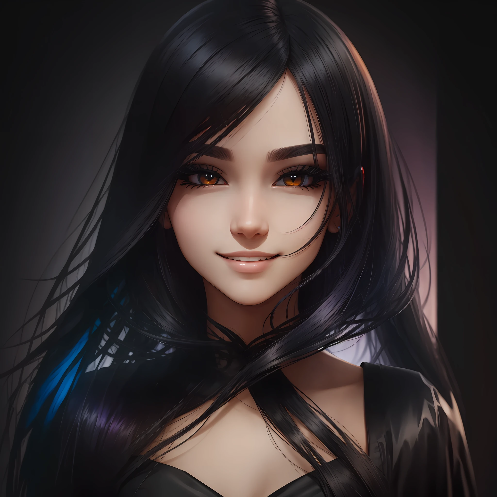 Beautiful face, black dress, colored inner hair, gradient hair, evil smile, Social realism, best quality, super detail, masterpiece --auto --s2