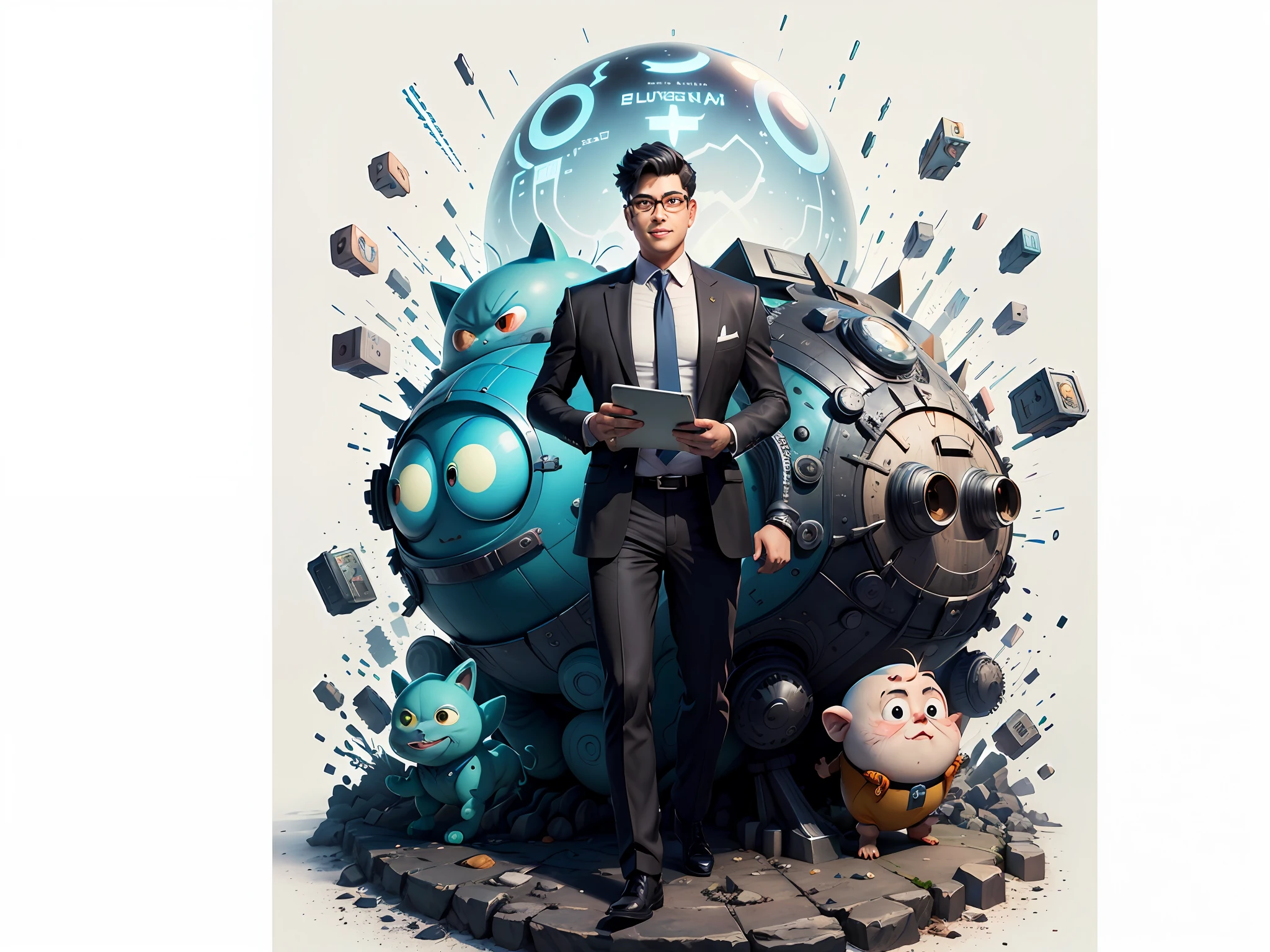 Masterpiece), (Excellent), (Super Meticulous), (Full Body: 1.2), Super Young Woman, Beautiful, Sexy, Bursting, Oriental Face, TV Anchor, Bust Portrait Illustration, Alone, Black Suit, Blue Tie, Silver Glasses, Slightly Chubby Face, Very Clean Face, No Beard, Black Super Short Hair, Black Eyes, Confident Smile, 3c Computer Sub-Products, iPad, iPhone, Digital Painting, 3D Character Design by Akira Toriyama with Mark Claireden and Pixar and Hayao Miyazaki, The illustration is a high-definition illustration in 4K resolution with very detailed facial features and cartoon-style visuals.