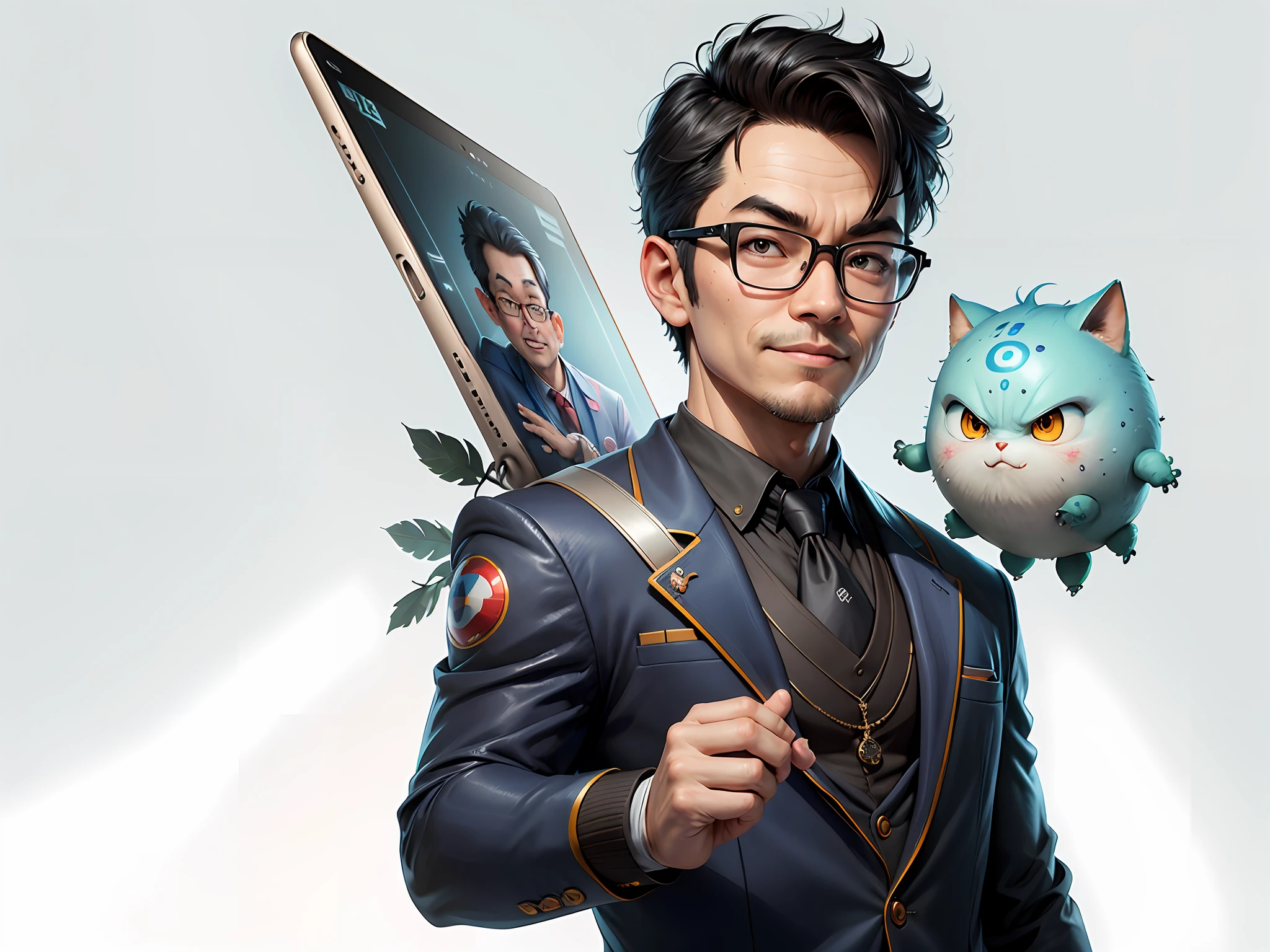 Masterpiece), (Excellent), (Super Meticulous), (Full Body: 1.2), Super Young Woman, Beautiful, Sexy, Bursting, Oriental Face, TV Anchor, Bust Portrait Illustration, Alone, Black Suit, Blue Tie, Silver Glasses, Slightly Chubby Face, Very Clean Face, No Beard, Black Super Short Hair, Black Eyes, Confident Smile, 3c Computer Sub-Products, iPad, iPhone, Digital Painting, 3D Character Design by Akira Toriyama with Mark Claireden and Pixar and Hayao Miyazaki, The illustration is a high-definition illustration in 4K resolution with very detailed facial features and cartoon-style visuals.