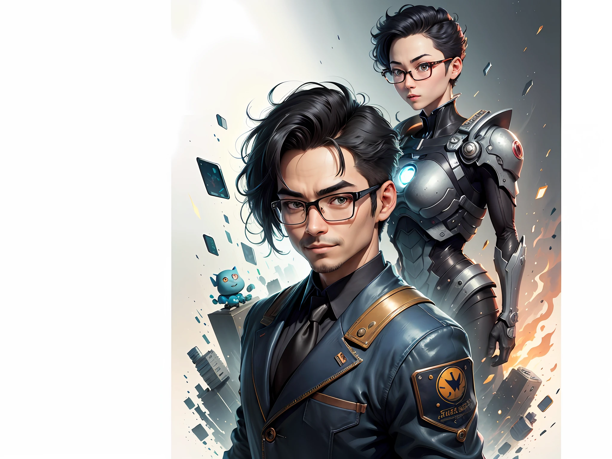 Masterpiece), (Excellent), (Super Meticulous), (Full Body: 1.2), Super Young Woman, Beautiful, Sexy, Bursting, Oriental Face, TV Anchor, Bust Portrait Illustration, Alone, Black Suit, Blue Tie, Silver Glasses, Slightly Chubby Face, Very Clean Face, No Beard, Black Super Short Hair, Black Eyes, Confident Smile, 3c Computer Sub-Products, iPad, iPhone, Digital Painting, 3D Character Design by Akira Toriyama with Mark Claireden and Pixar and Hayao Miyazaki, The illustration is a high-definition illustration in 4K resolution with very detailed facial features and cartoon-style visuals.