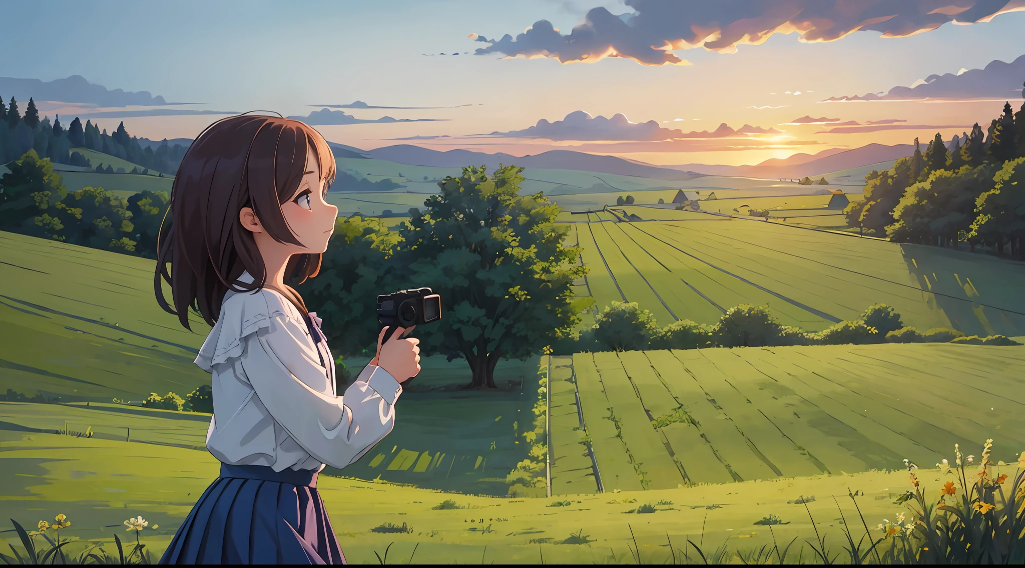 beautiful illustration, best quality, cute girl, (sunset), countryside, outdoor, scenery, blue skirt, white blouse, from side, cinematic lighting, cowboy shot,