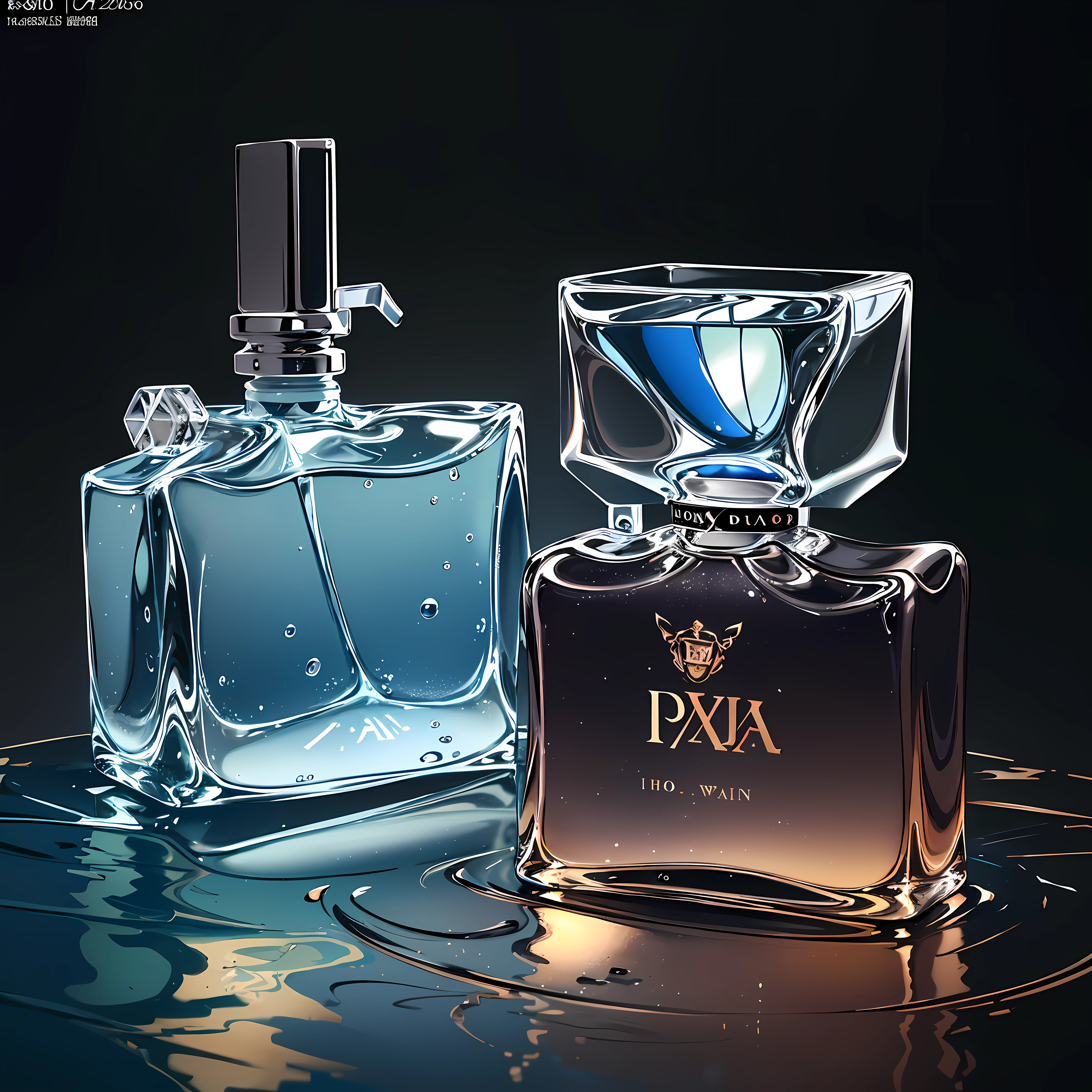In - studio shooting, product - view, prada, ( Perfume on the the water. witha magical and luxurious quality. ) ( colorfullight) ( magazine photography, ) adver - torial, photorealistic, ultra detailed, raytracing, HDR, 16K --ar 9:16 --q 2 --auto --s2