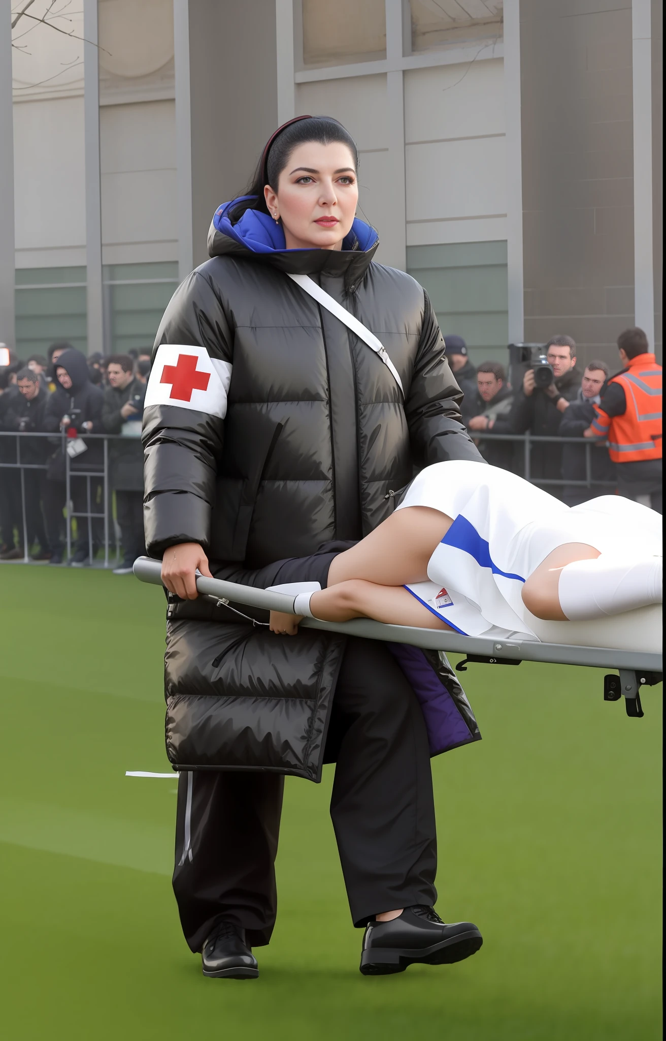 woman in a bright shiny black jacket carrying a man on a stretcher, injured, glossy downcoat, wetlook down coat, laquered downcoat, desperate crying woman, injured sportsman with covered face, edited, anna nikonova, medic, on set, england, unknown, on the field, sergey krasovskiy, andi rusu, sergey vasnev, marina abramovic, ilya kushinov, by Dietmar Damerau, high quality photo, yulia nevskaya