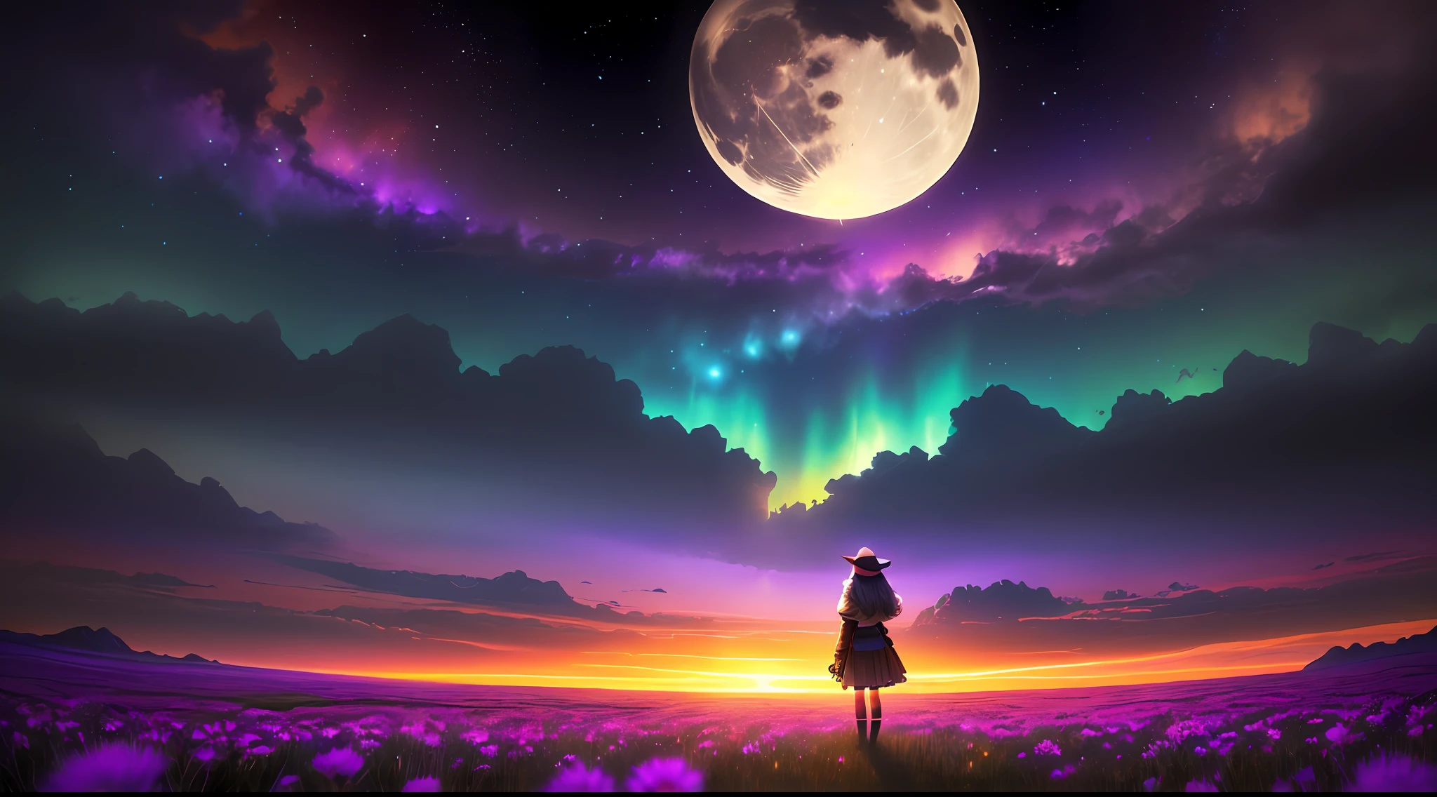 Vast landscape photo, (viewed from below, the sky is above and the open field is below), a girl standing on a flower field looking up, (full moon: 1.2), (meteor: 0.9), (nebula: 1.3), distant mountains , Trees BREAK Crafting Art, (Warm Light: 1.2), (Fireflies: 1.2), Lights, Lots of Purple and Orange, Intricate Details, Volumetric Lighting, Realism BREAK (Masterpiece: 1.2), (Best Quality), 4k, Ultra-Detailed, (Dynamic Composition: 1.4), Very Detailed, Colorful Details, (Rainbow Colors: 1.2), (Glow Lighting, Atmospheric Lighting), Dreamy, Magical, (Solo: 1.2)