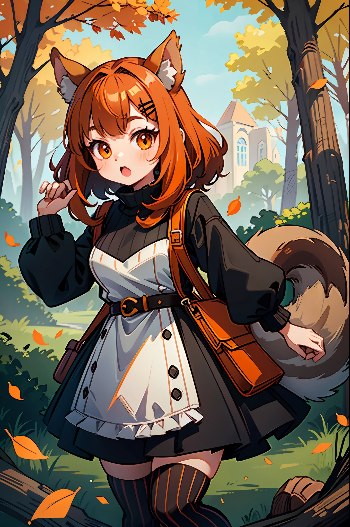 1gir, squirrel ears, fluffy squirrel tail, furry tail, very kawaii and cute, autumn vibes, fallen leaves all around, in a cute natural park full of decorations and vegetation, her hair is auburn with black stripes, eyes are black, her outfit is cozy and with muted earthy color palette with a few bright orange details, happy with mouth open