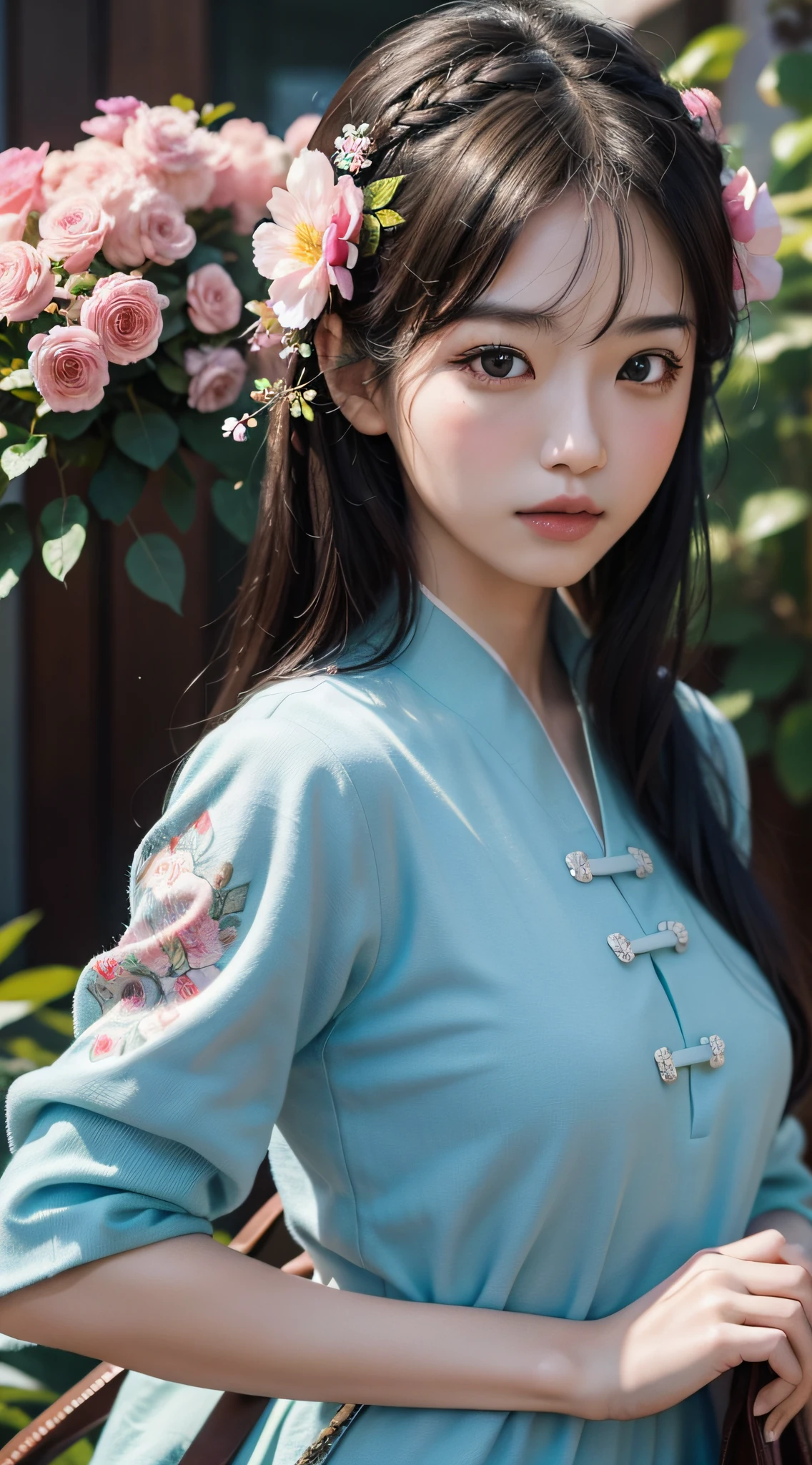 A girl with flowers in her hair, chinese girl, asian, 4K highly detailed digital art, beautiful digital artwork, beautiful art UHD 4K, beautiful digital illustration, gorgeous digital art, 4K detailed digital art, realistic digital art 4K, beautiful digital art, cute detailed digital art, stunning digital illustration, 8K high quality detailed art