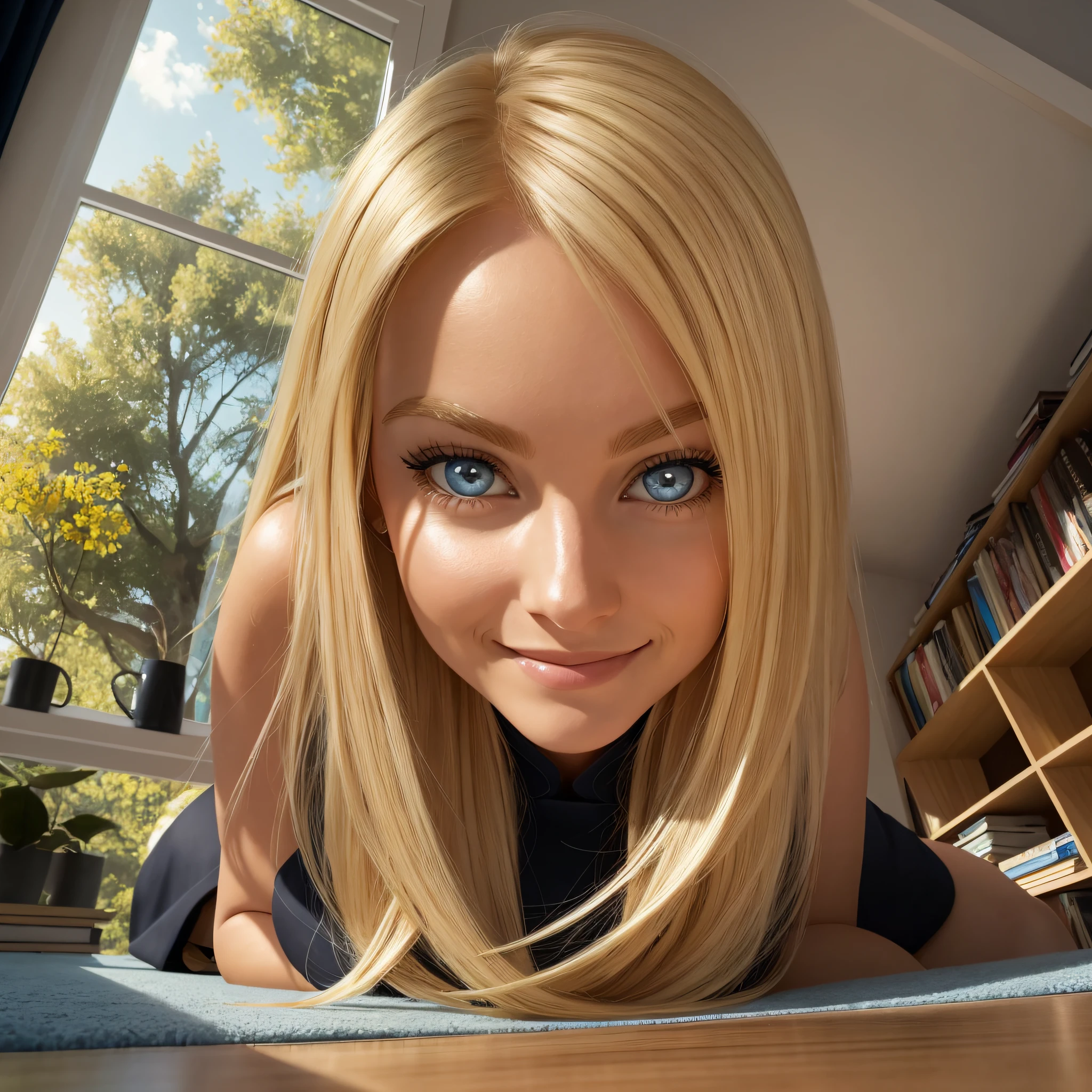 beautiful blonde woman looking down at camera, blue eyes, black dress, sweet smile, extreme low angle, extreme worms eye view, floor view, in a cozy study room, armchair and bookshelf --auto --s2