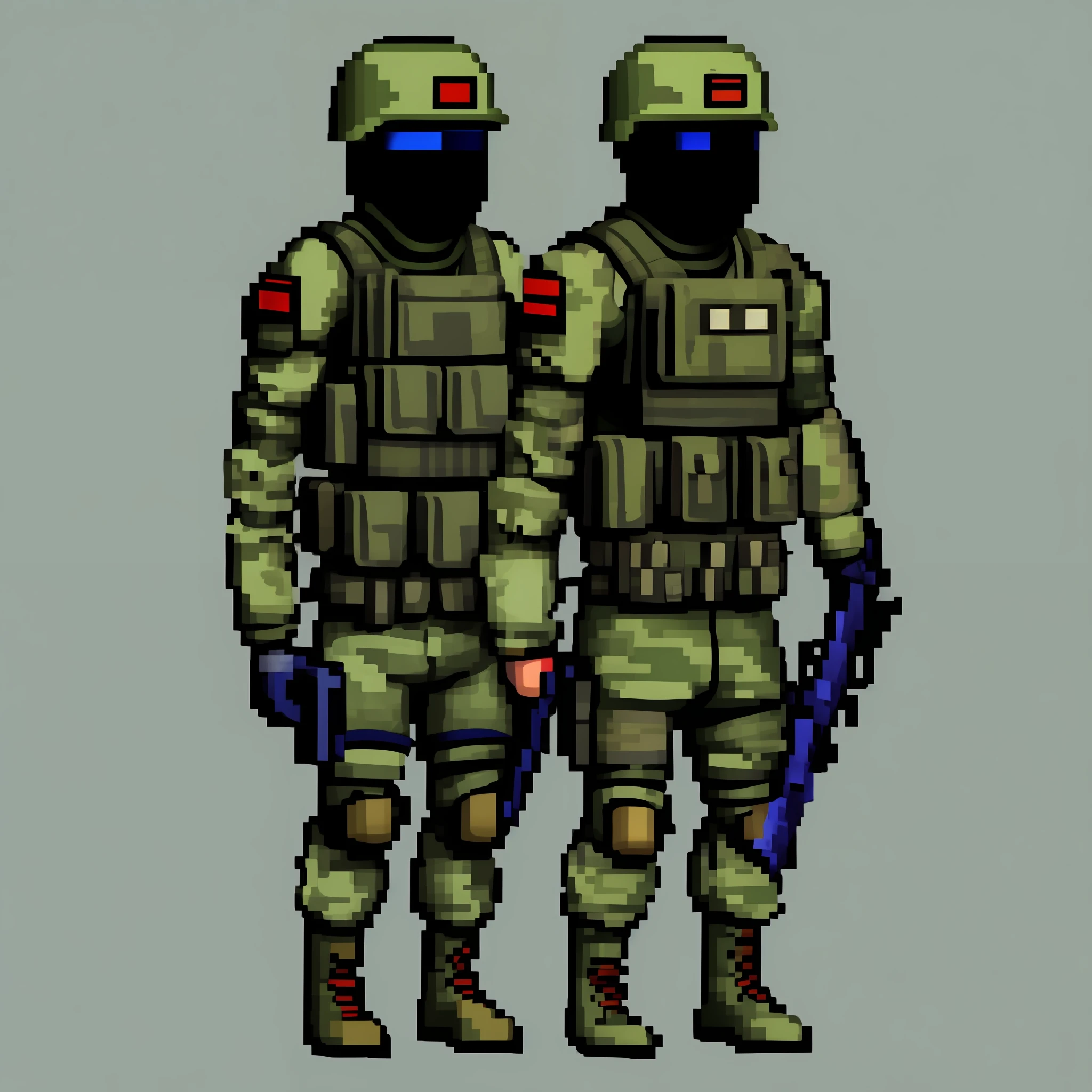 pixelart  video game character, Create a member of an elite special forces unit, wearing camo fatigues, combat boots, and carrying a combat knife.